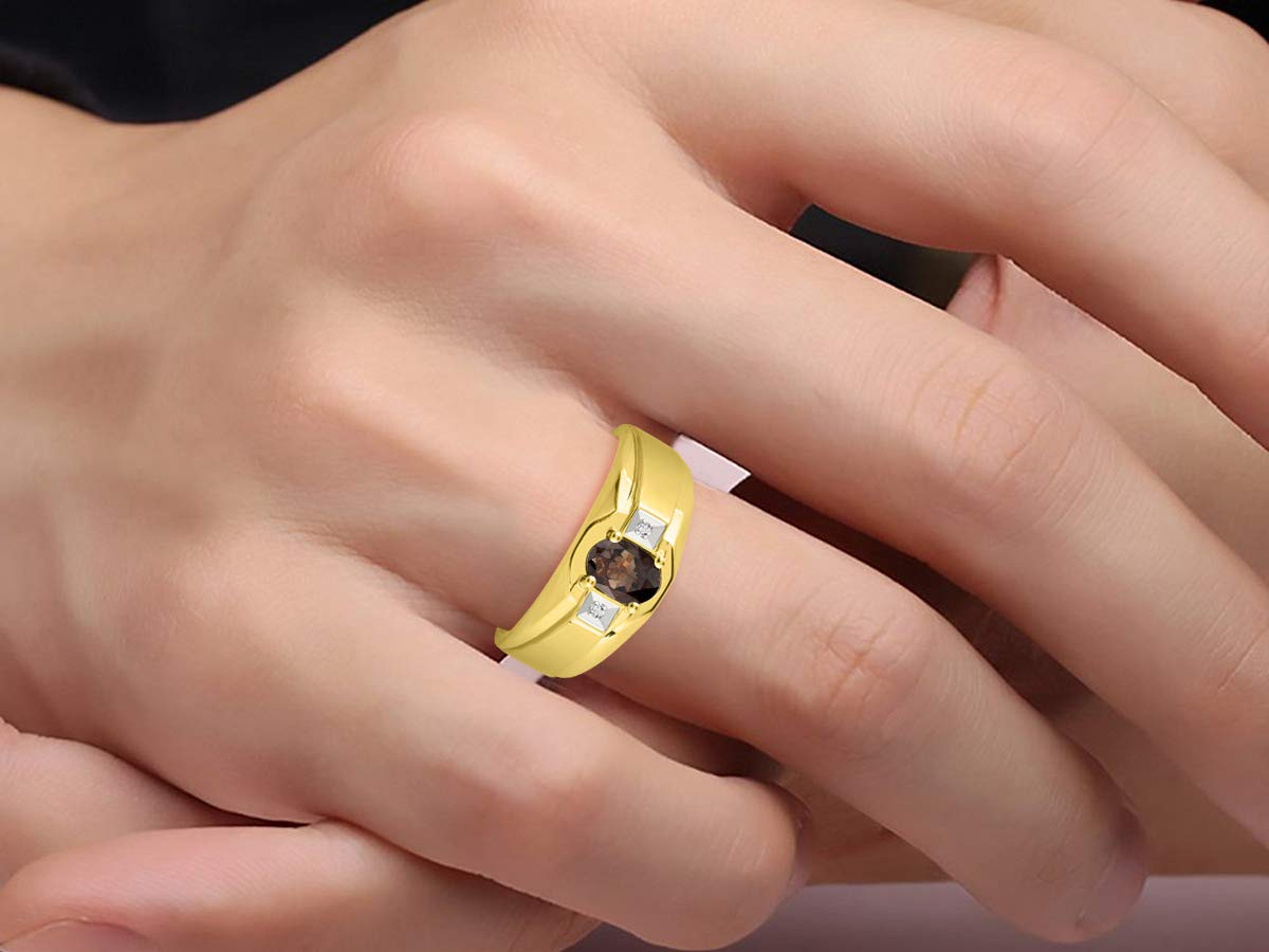 Rylos Men's Classic 7X5MM Oval Gemstone & Diamond Ring - Yellow Gold Plated Silver Birthstone Rings for Men (Sizes 8-13) | Wedding, Engagement, Anniversary & Gift Jewelry