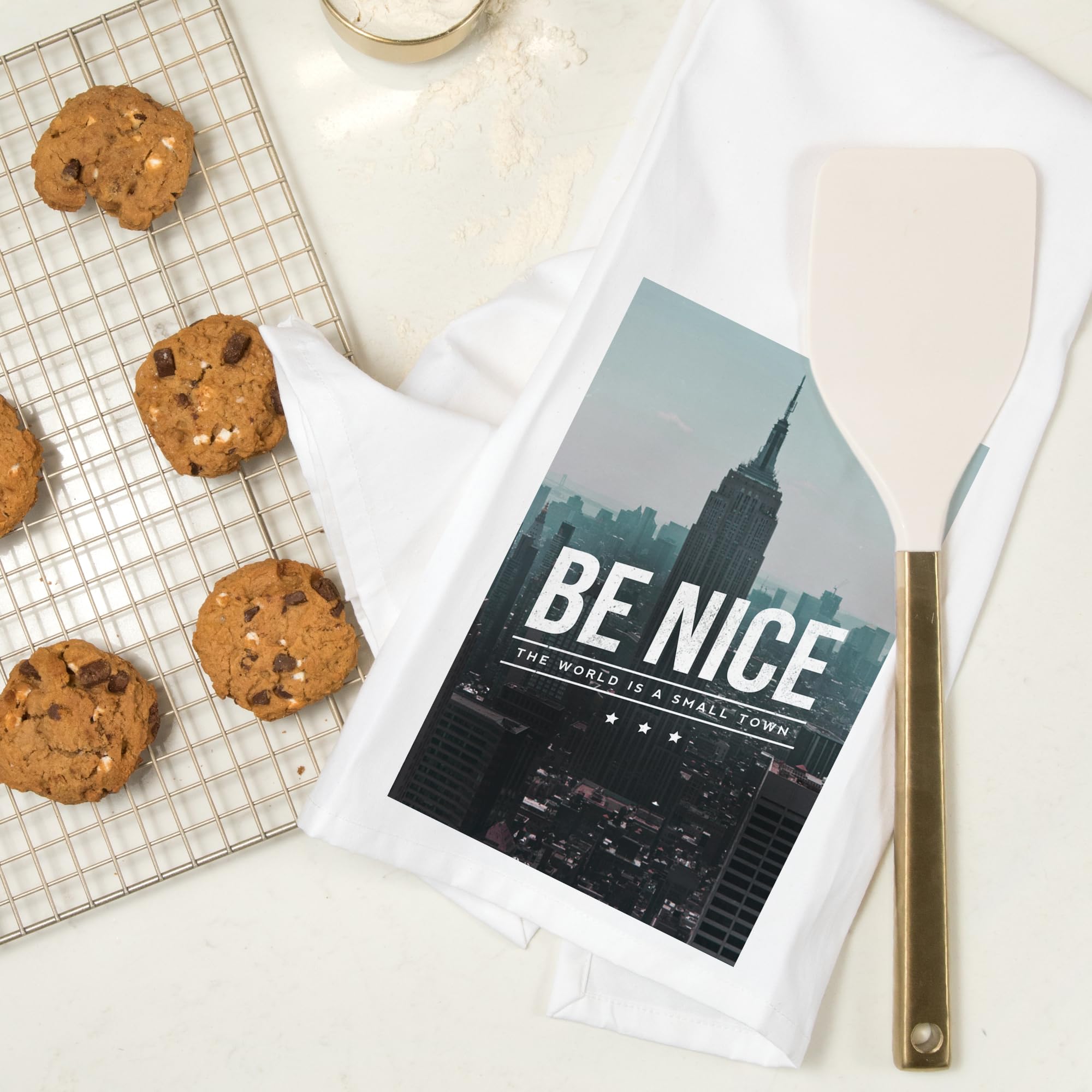 Lantern Press 'Be Nice, The World is a Small Town' 100% Cotton Tea Towel - Decorative Hand Towel for Kitchen, Home Decor & Gift - Perfect for Dish Drying, Wall Art & Cozy Farmhouse Style