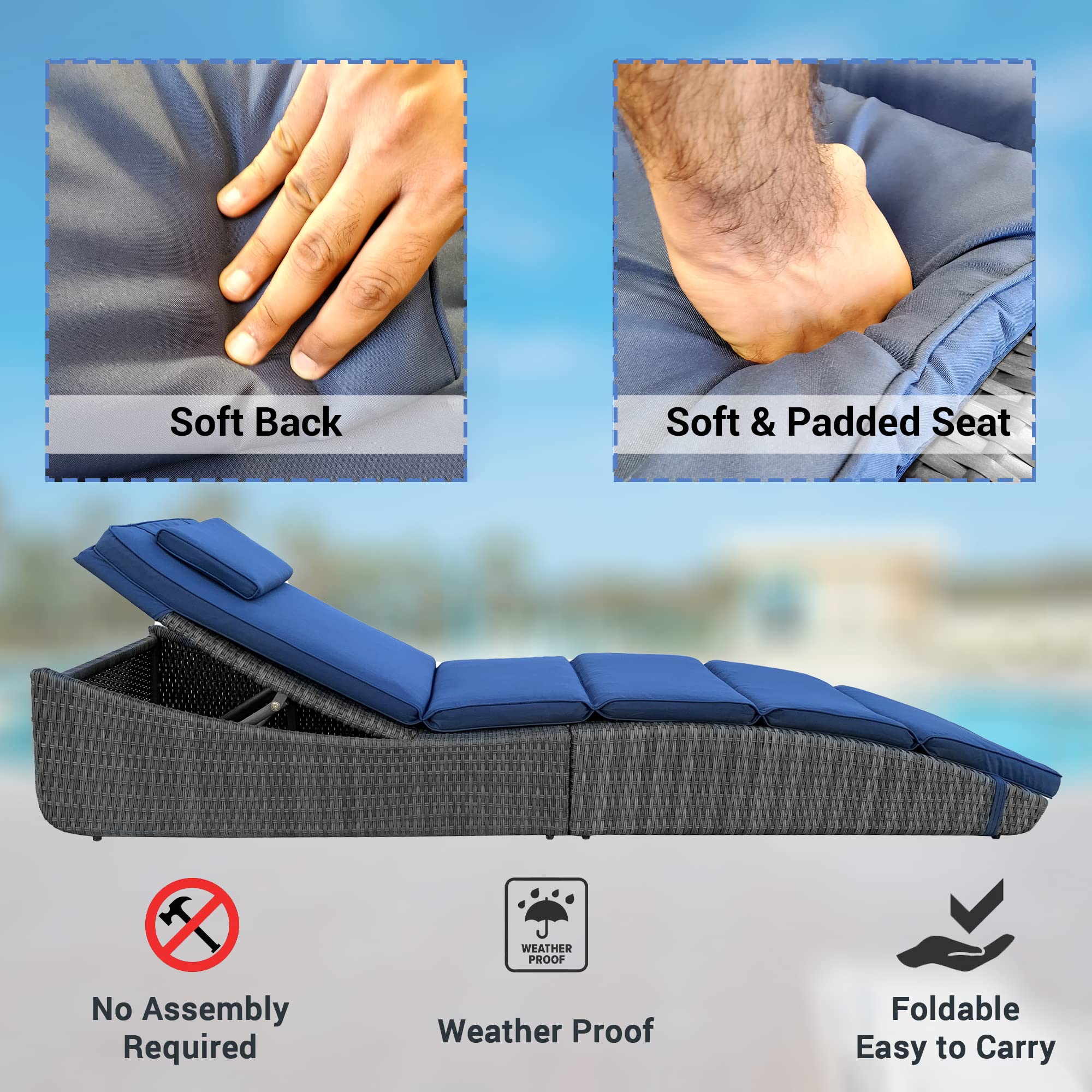 BTEXPERT Outdoor Chaise Lounge Chair - Adjustable Reclining Poolside Sun Lounger with Cushion, Wicker Rattan Patio Furniture - Fully Assembled Space-Saving Folding Design (Blue) - Perfect for Poolside Relaxation, Backyard Lounging & Beach Getaways