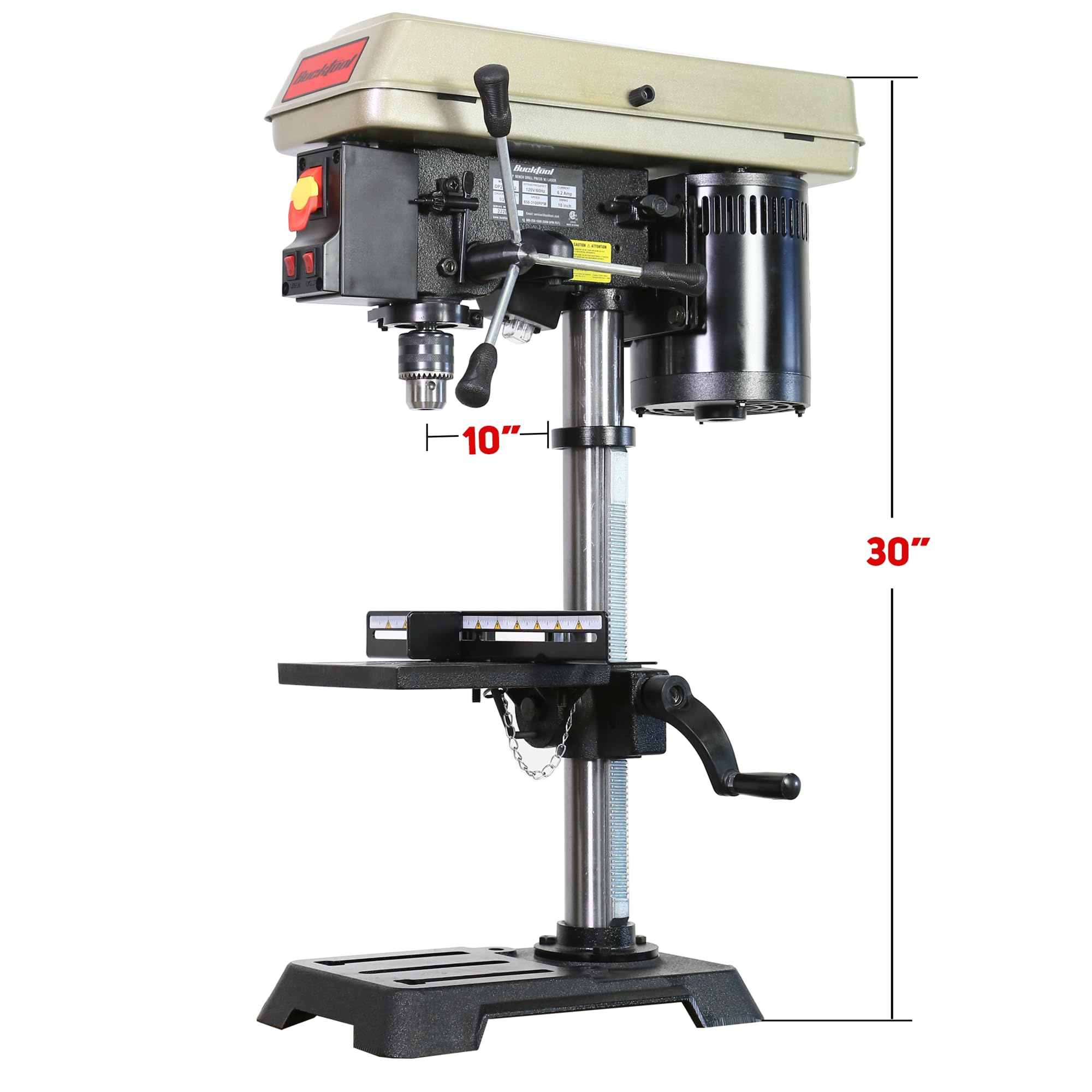BUCKTOOL 10-Inch 6.0 Amp 3/4 HP 5-Speed Benchtop Drill Press with LED Work Light - Perfect for Woodworking, Metal Drilling & DIY Projects