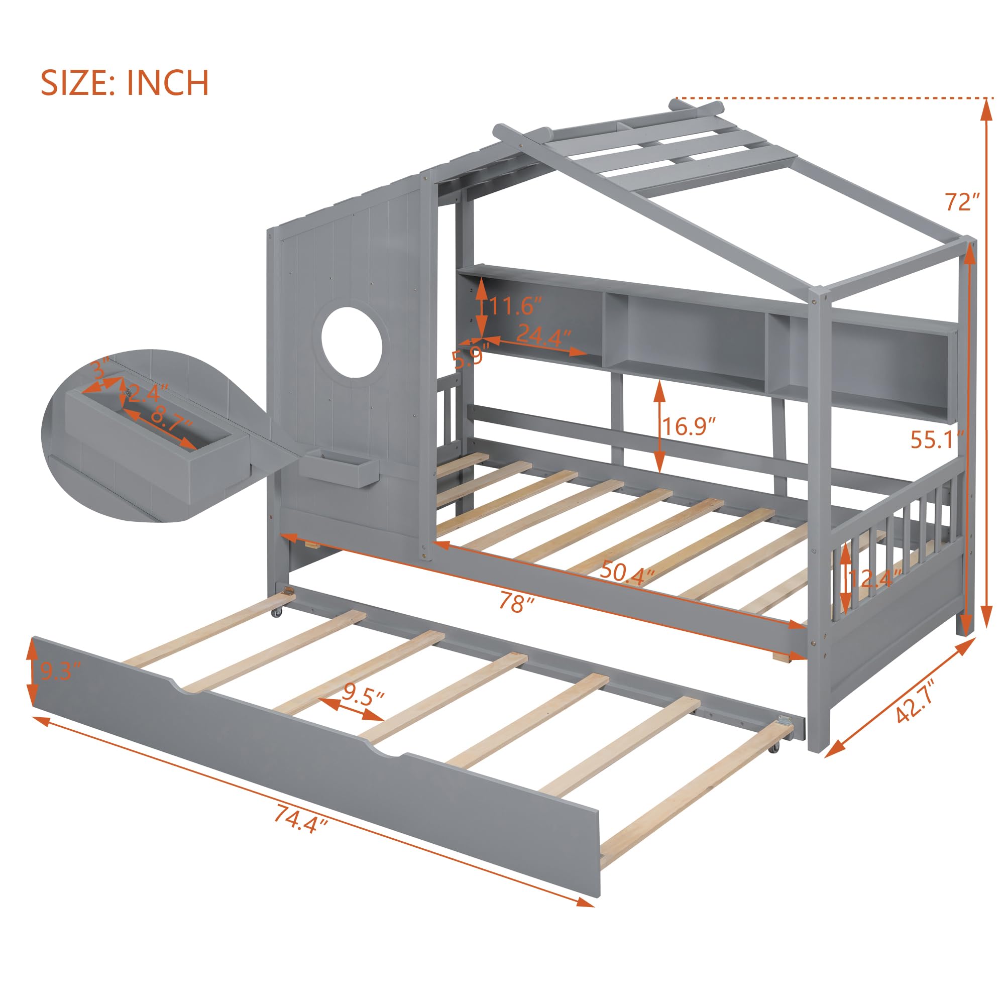Harper & Bright Designs Twin Size Wooden House Bed with Trundle & Storage Shelf - Gray Platform Bed Frame with Roof for Kids, Boys & Girls - Perfect for Bedrooms, Playrooms & Small Spaces