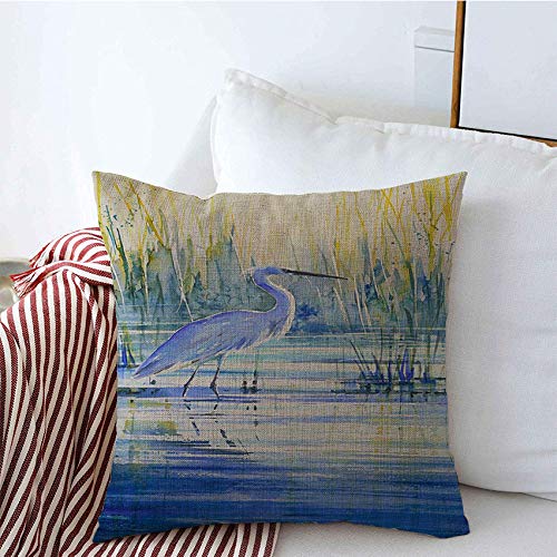 Blue Heron Sunset Lake Decorative Throw Pillow Cover 18x18 Inch - Linen Square Cushion Cover with Wildlife Art for Couch, Bed & Outdoor Use - Brown Shoreline Animal River Painting Design
