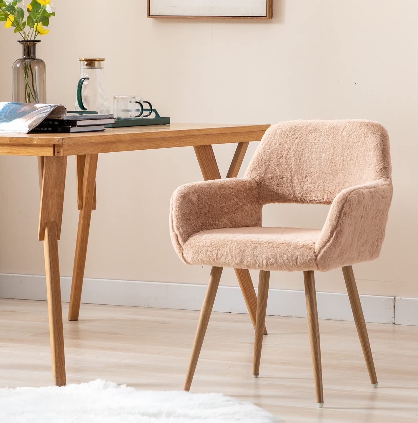 Luxury Faux Fur Office Chair with Wooden Metal Legs - Soft Fluffy Vanity Chair for Girls & Teens - Comfortable Armrest Desk Chair for Home Office, Makeup, Dining - Elegant Camel Color - Perfect for Study, Work & Relaxation