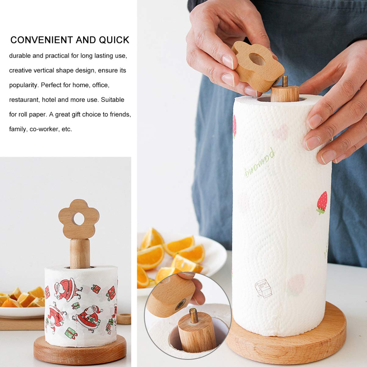 Cabilock Solid Wood Roll Holder - Countertop Tissue & Paper Towel Stand for Kitchen, Bathroom, and Office | Wooden Napkin Holder, Toilet Paper Stand, and Towel Rack for Home Organization