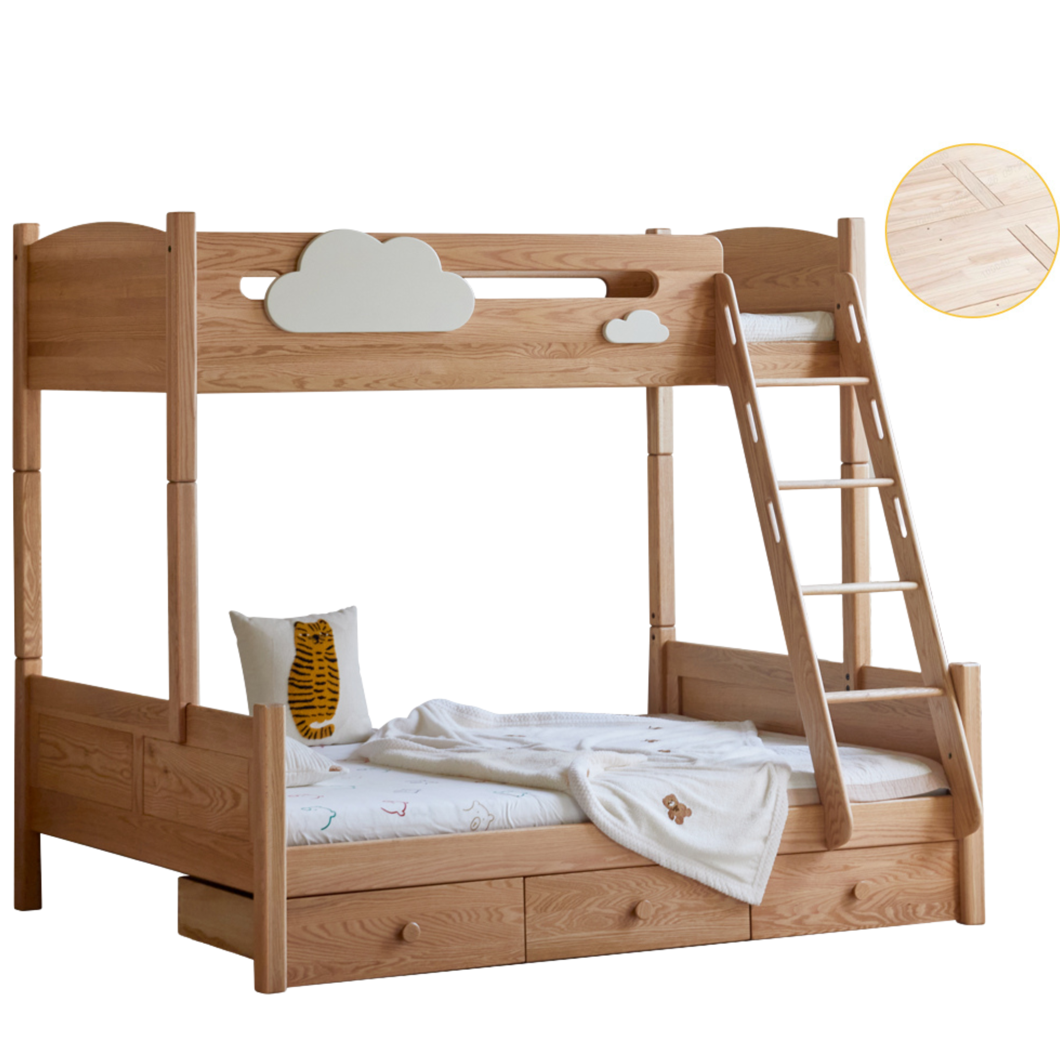 Solid Oak Wood Multi-Functional Bunk Bed with Ladder & Guardrails - Space-Saving Kids Bedroom Furniture for Siblings or Sleepovers