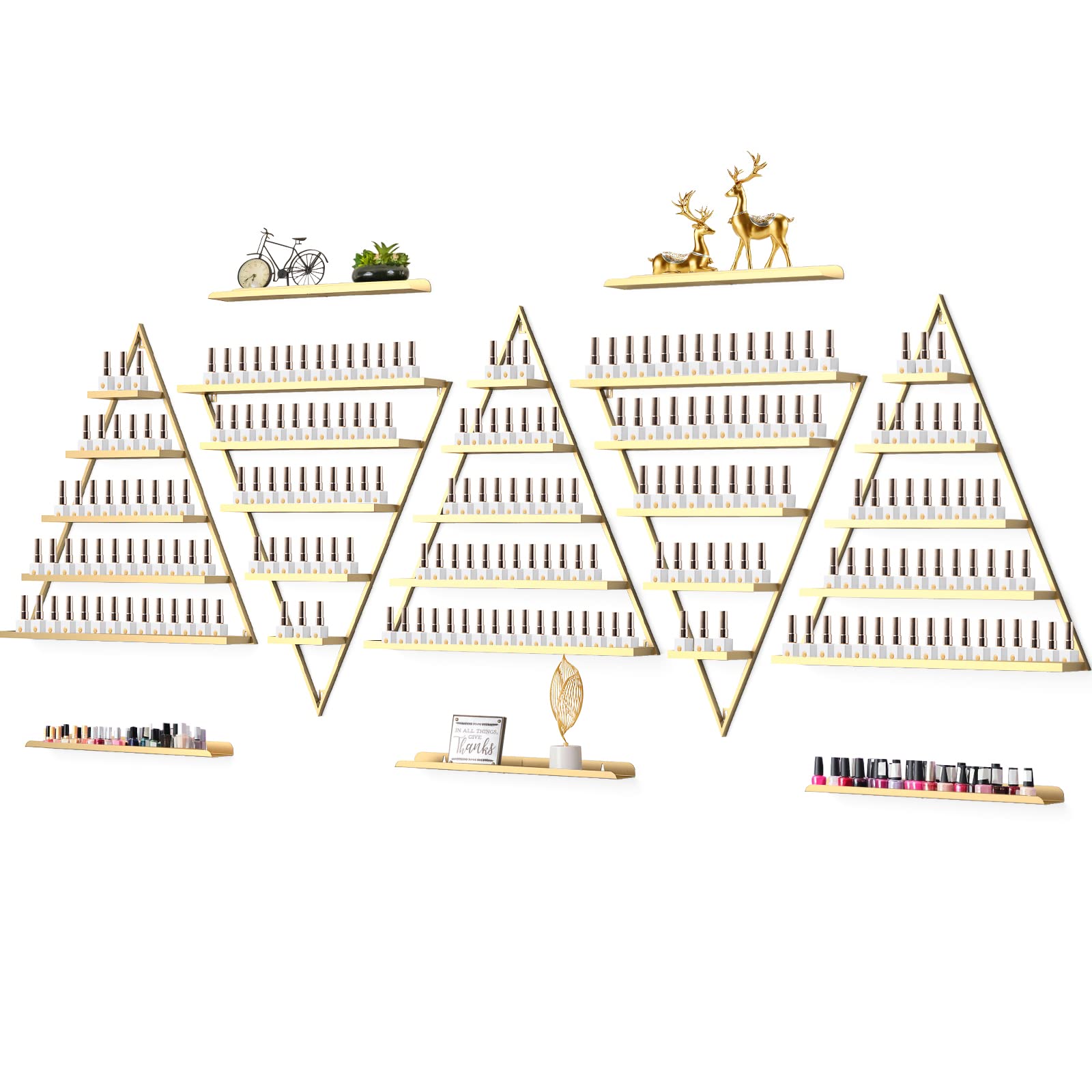 10PCS Gold Metal Wall-Mounted Nail Polish Organizer - 5 Tier Triangular Cosmetic Display Shelf for Lipstick, Perfume & Beauty Products | Space-Saving Storage Solution for Home, Spa, Nail Salon & Retail Shop Display