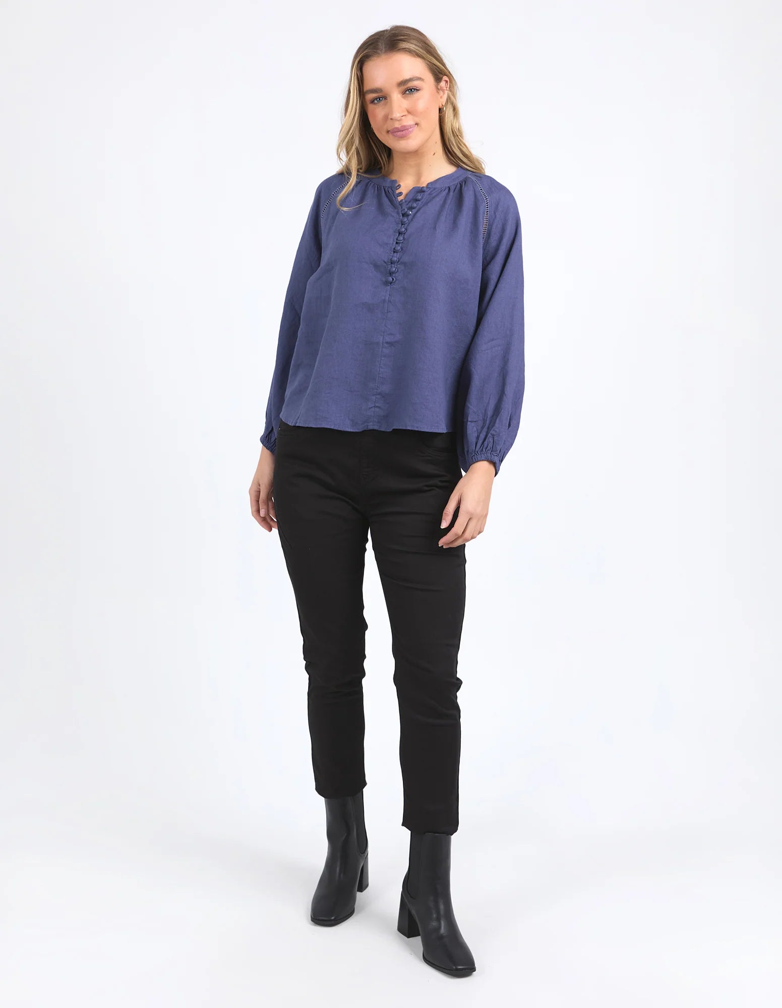 Sardinia Deep Blue Long Sleeve Button Front Blouse for Women - Elegant Office Wear & Casual Outfit