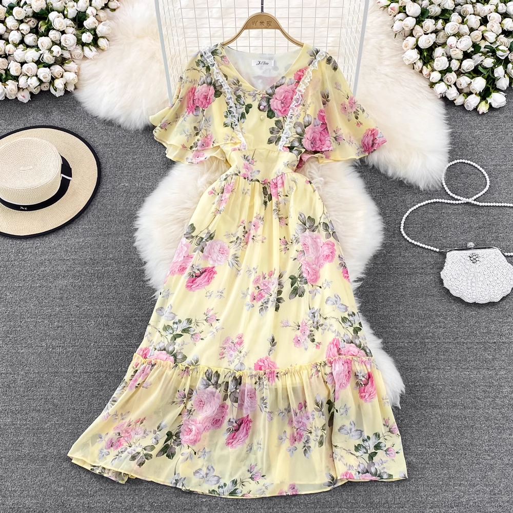 Elegant Fairy High Waist V-Neck Ruffled Chiffon Floral Maxi Dress for Women - Perfect for Summer Weddings, Garden Parties & Romantic Dates