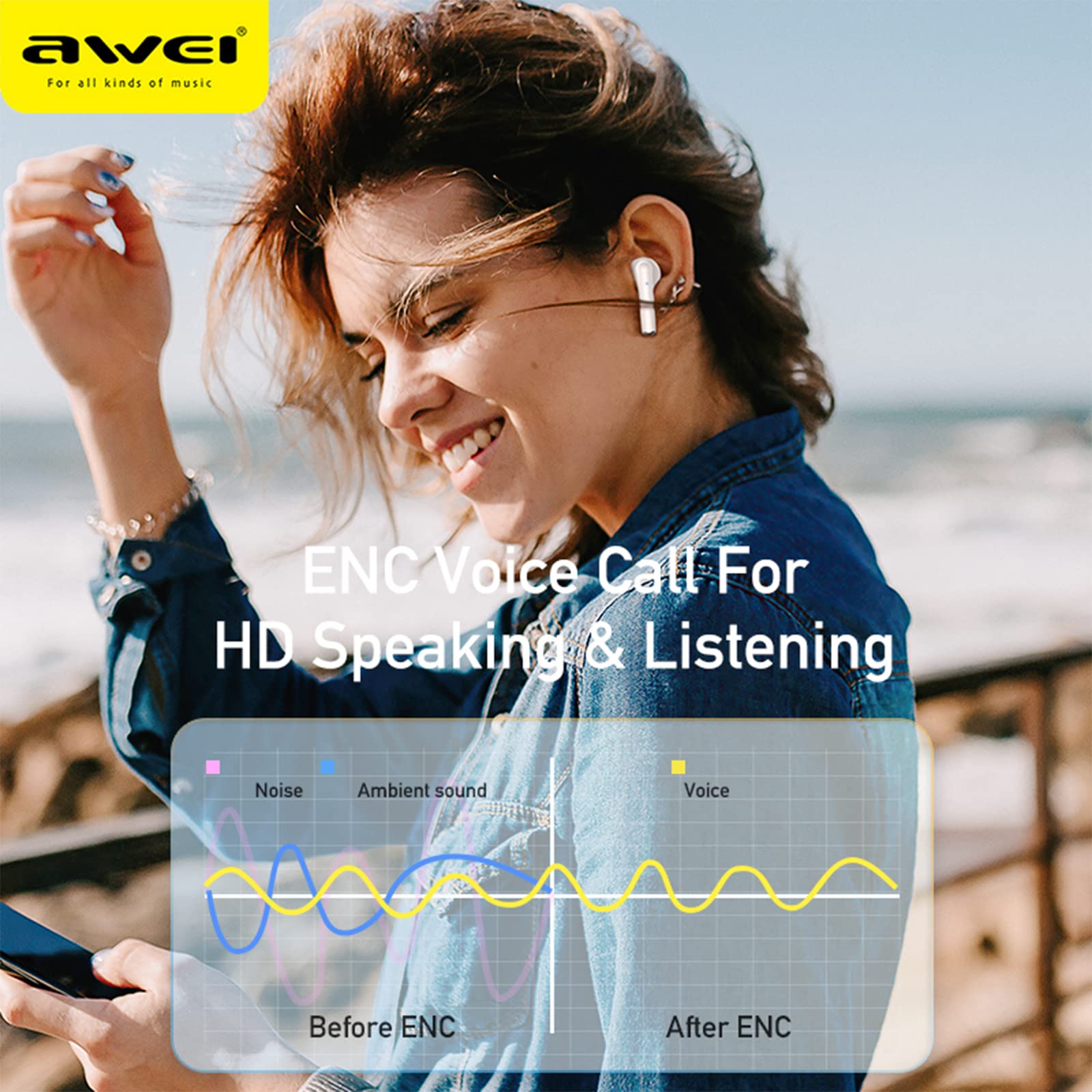 AWEI T61 Wireless Bluetooth Earbuds with Active Noise Cancelling (ANC) - IPX7 Waterproof Sport Earbuds for iPhone Android - Built-in Mic for Gaming/Calls - Long Battery Life - Perfect for Workouts, Commuting & Travel (White)