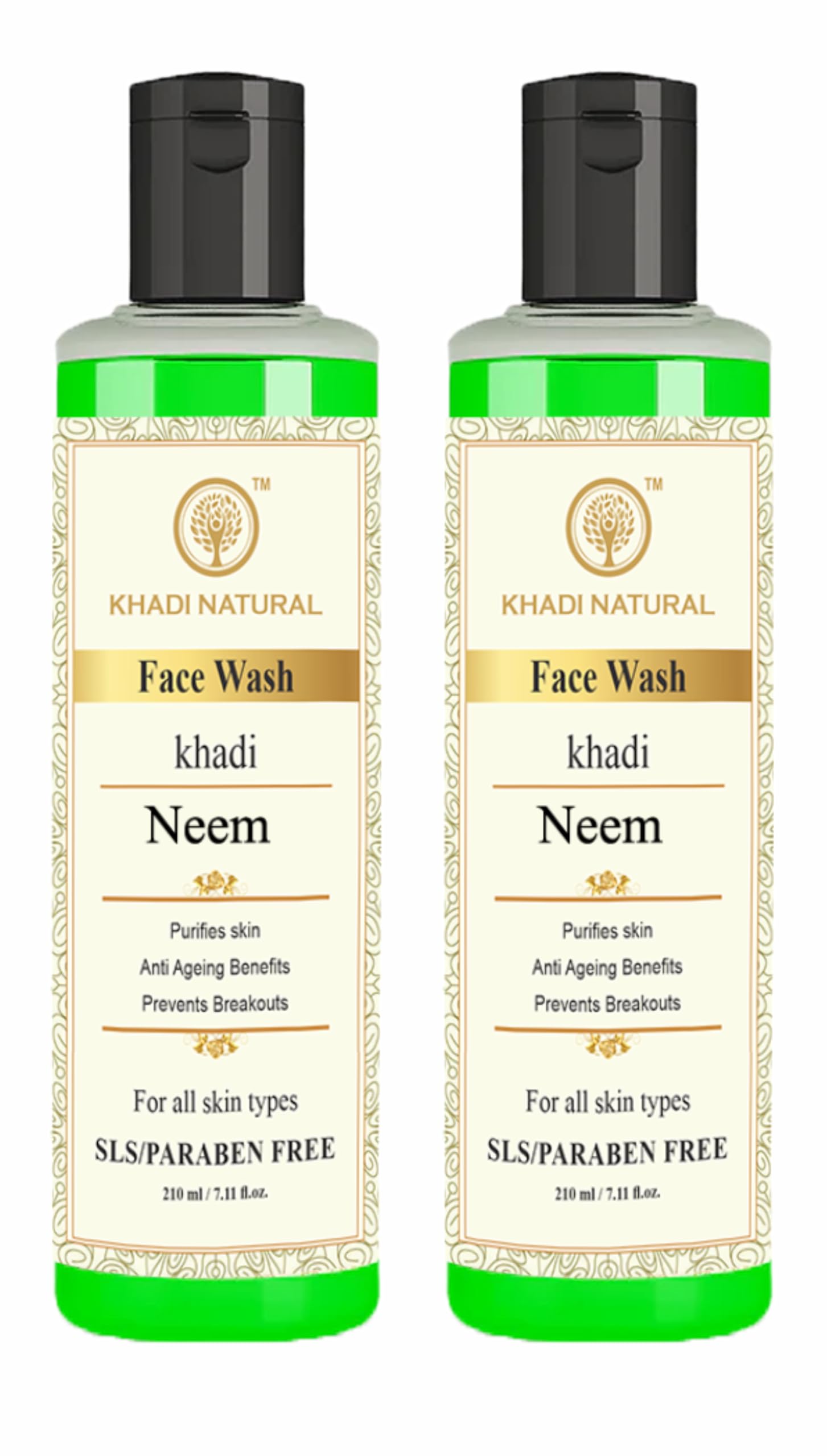Khadi Natural Ayurvedic Neem Face Wash for Acne Prone Skin - Gentle Anti-Acne Cleanser with Neem Extract, Paraben & Sulphate Free (210ml, Pack of 2) | Daily Skincare Routine for Clear & Healthy Skin