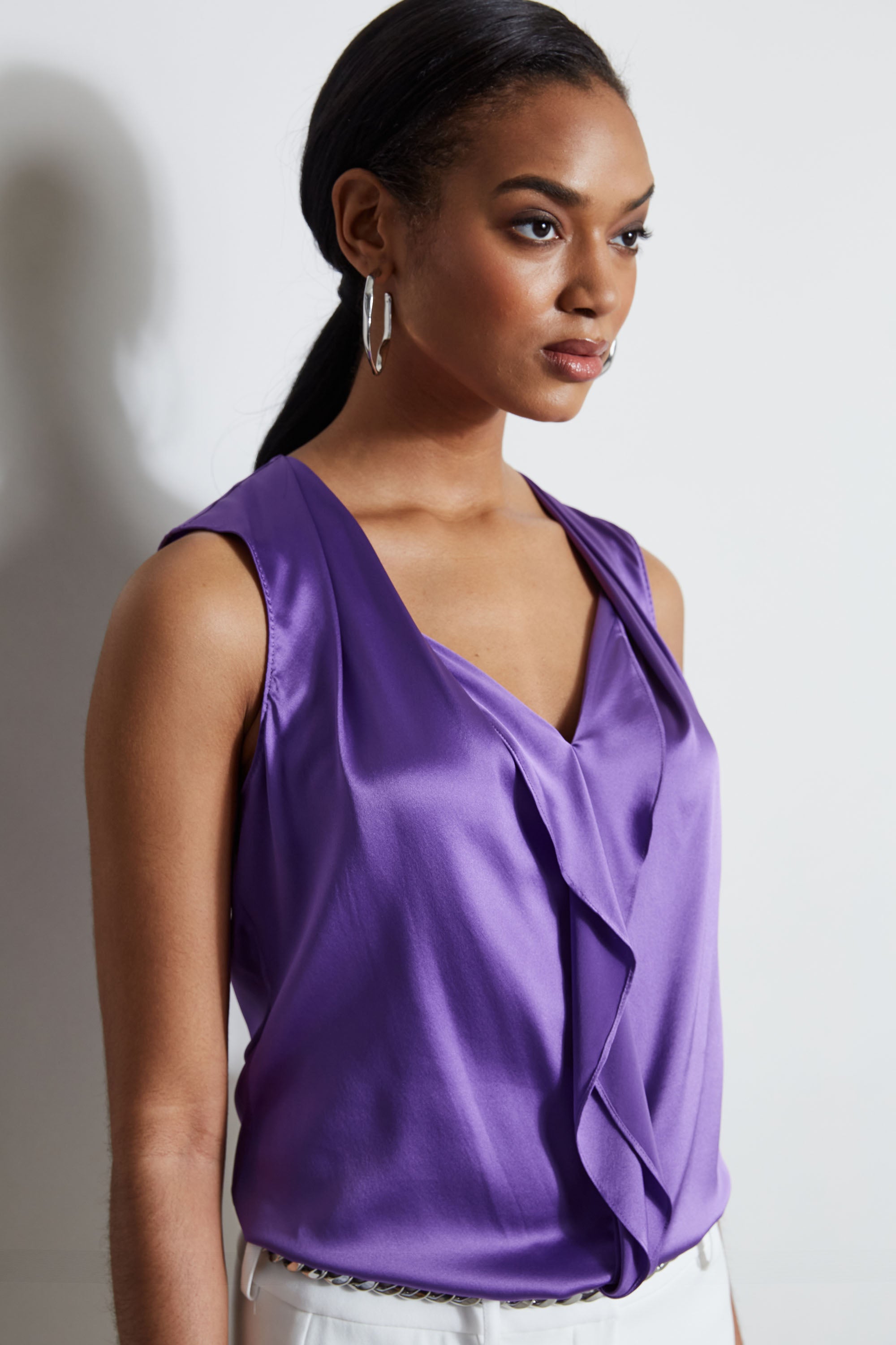 Silk Satin Sleeveless Blouse with Cascading Hem - Elegant Women's Fashion Top for Work, Party & Special Occasions