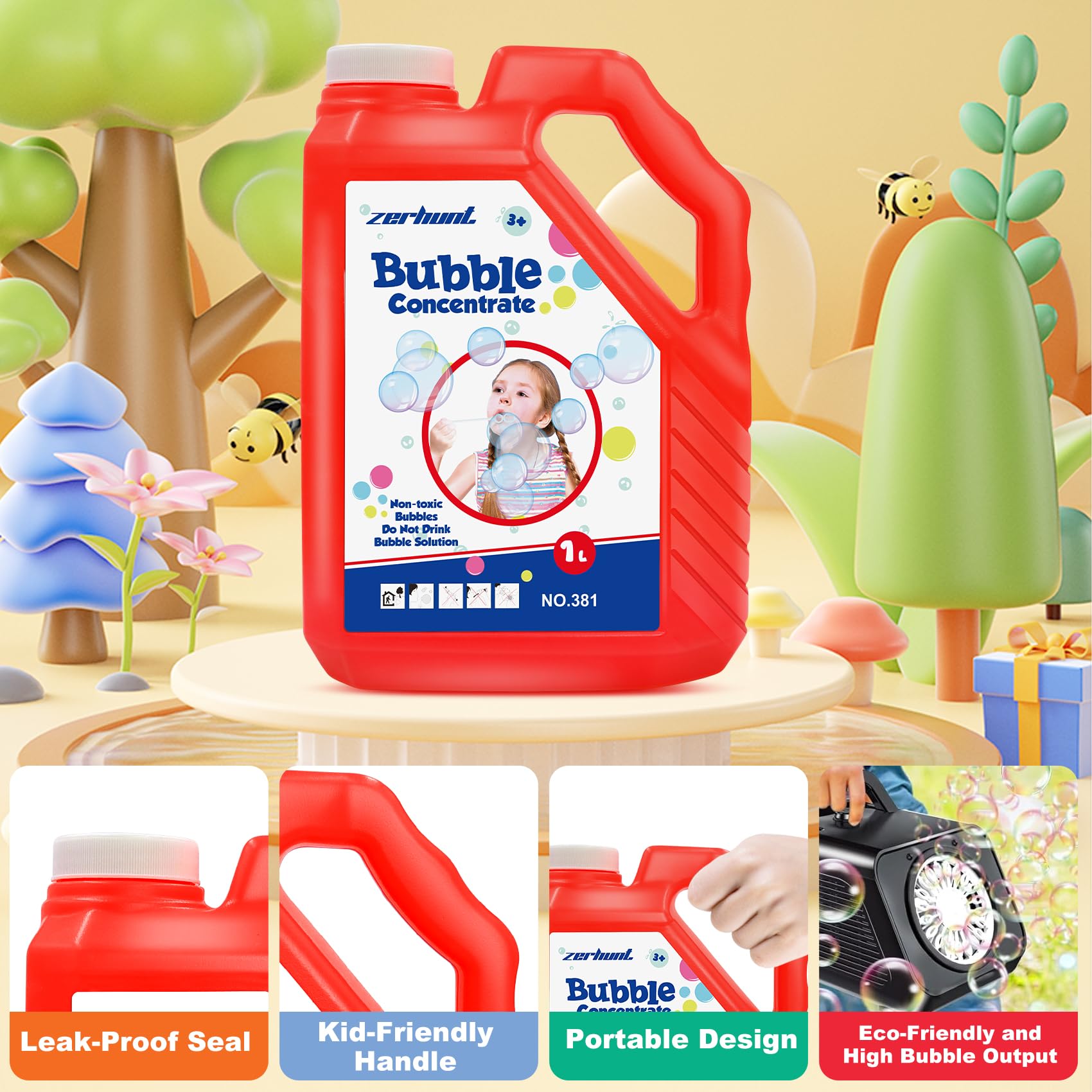 Zerhunt Concentrated Bubble Solution 33.8 OZ (1L) - Non-Toxic Bubble Refill for Bubble Toys, Bubble Machines & Bubble Guns - Safe for Kids - Red | Perfect for Outdoor Play, Birthday Parties & Backyard Fun