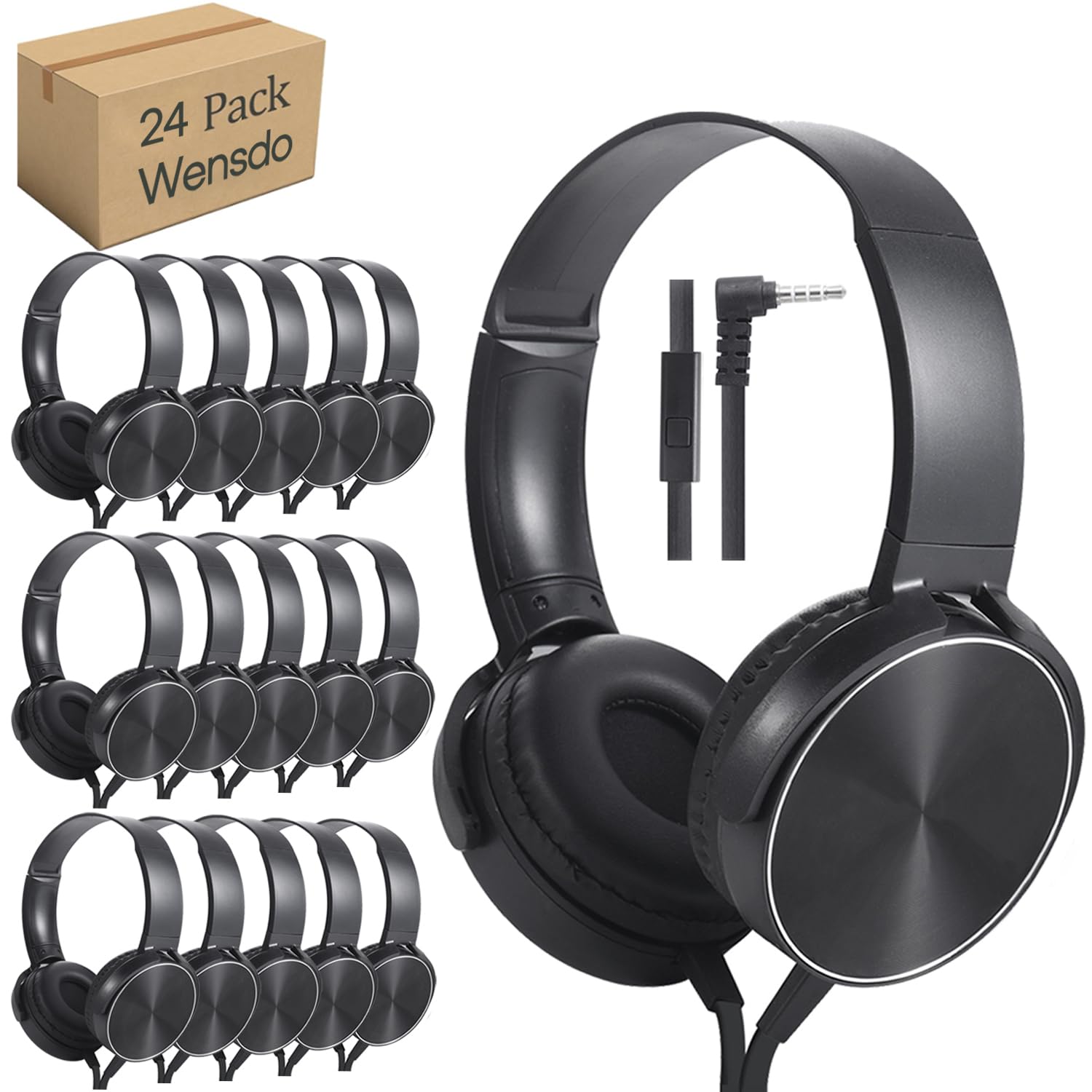 24 Pack Bulk Classroom Headphones with Microphone - Durable Wired Headsets for Kids, Students & Adults - School, Online Learning, Computer Lab & Home Use (Black, 24 Pack)