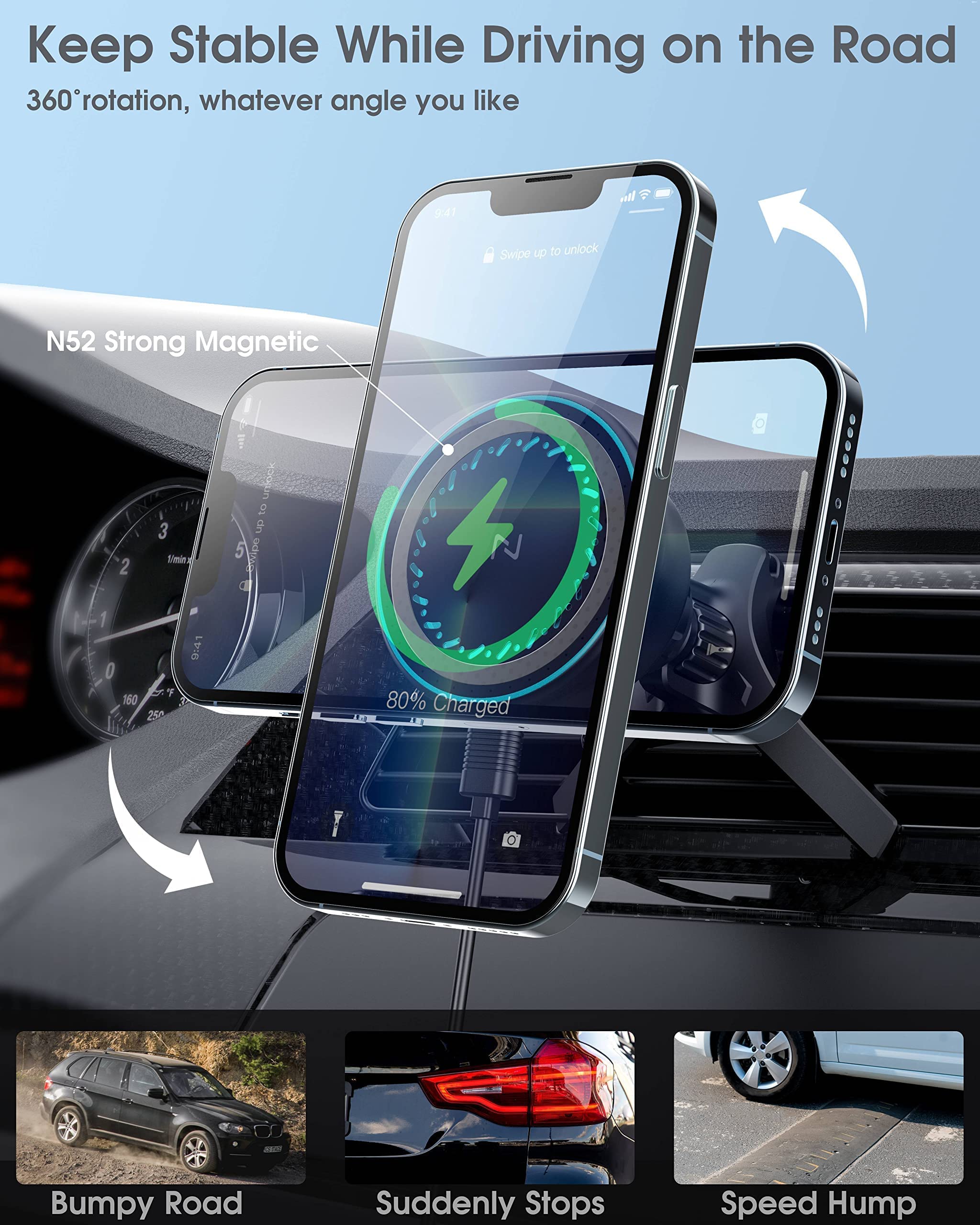 15W Fast Magnetic Wireless Car Charger with Cooling Fan - Magsafe Car Vent Mount for iPhone 14/13/12 Series & Mag-Safe Cases | Includes 2 Type Air Vents | Perfect for Hands-Free Charging While Driving