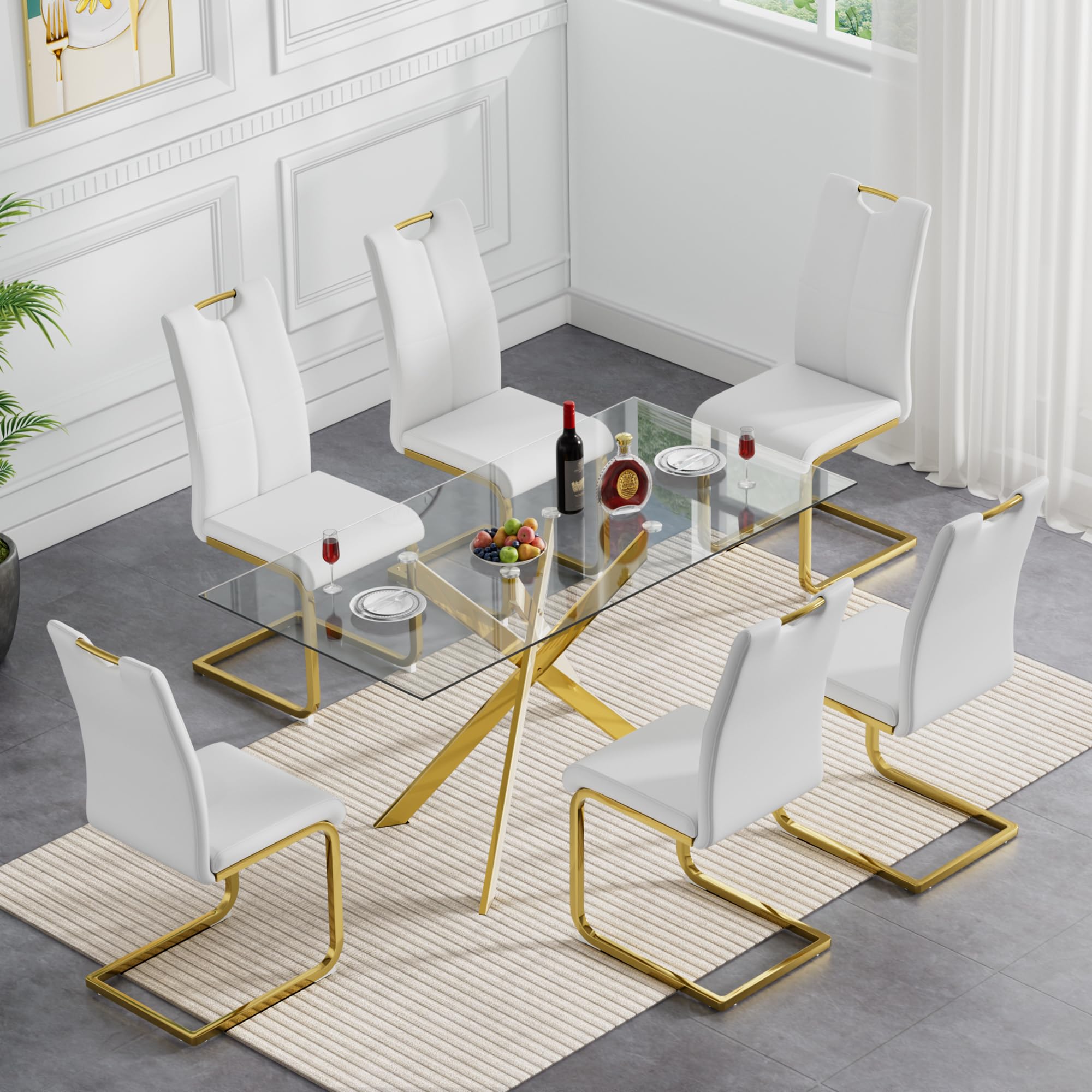 7-Piece Rectangular Glass Dining Table Set with 6 PU Chairs - Modern Kitchen & Dining Room Furniture for Family Meals & Entertaining Guests