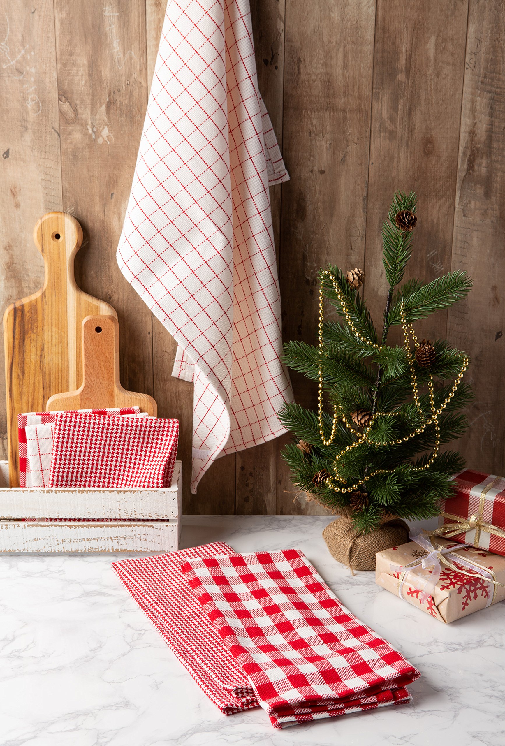 DII Premium Cotton Kitchen Towels Set - 6-Piece Heavy Duty Dish Towels (18x28) & Dish Cloths (13x13) - Holiday Red Checkered Pattern - Long Lasting Absorbent for Cooking, Cleaning & Holiday Decor