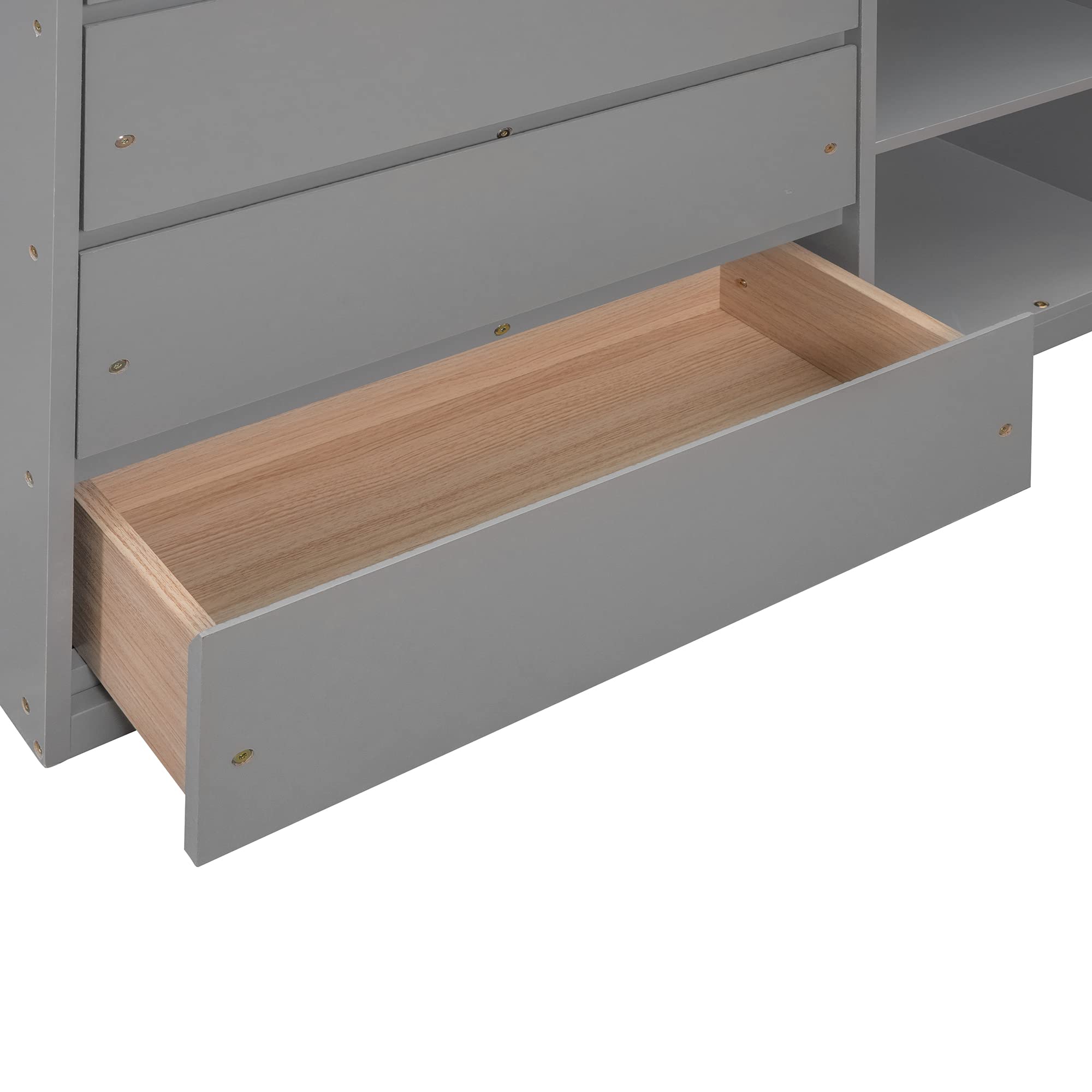 MERITLINE Twin Over Twin Bunk Bed with Storage Drawers & Shelves, Solid Wood Low Loft Bed Frame for Kids - Boys & Girls Bedroom Furniture (Gray) - Perfect for Small Spaces, Shared Rooms & Sleepovers