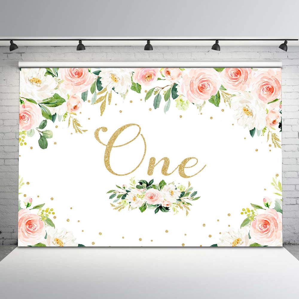 7x5ft Pink Floral First Birthday Backdrop with Gold Glitter Dots - Vinyl Party Background for Girls' 1st Birthday Decorations | Perfect for Baby Showers, Birthday Photos & Party Decor