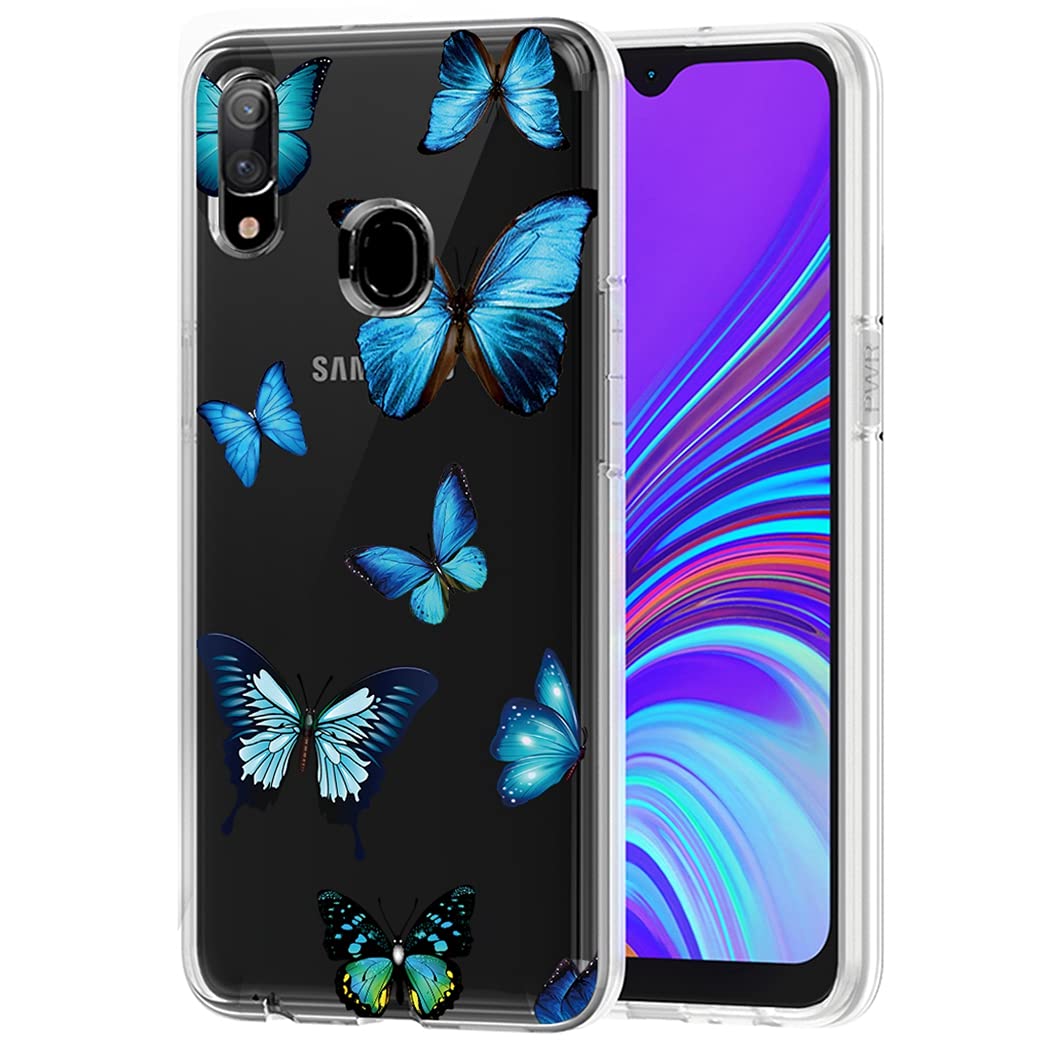 Cute Blue Butterfly Clear Slim Shockproof TPU Case for Samsung Galaxy A20/A30 - Soft Flexible Protective Cover for Women & Girls - Perfect for Everyday Use, Work, and Travel