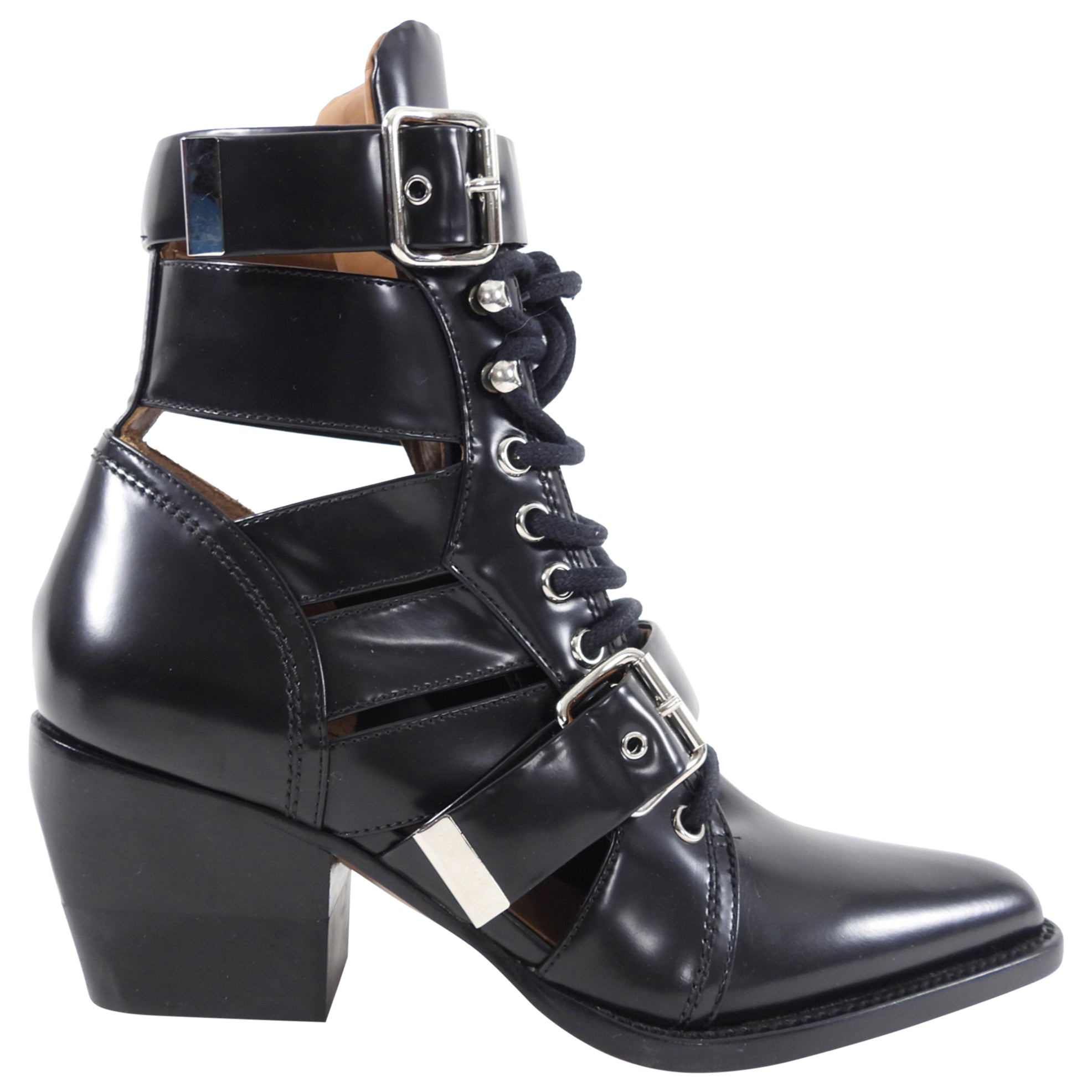 Chloe Black Glossed Leather Rylee Boots Women's Size 37 - Stylish Knee-High Boots for Fall & Winter Fashion, Office Wear & Night Out
