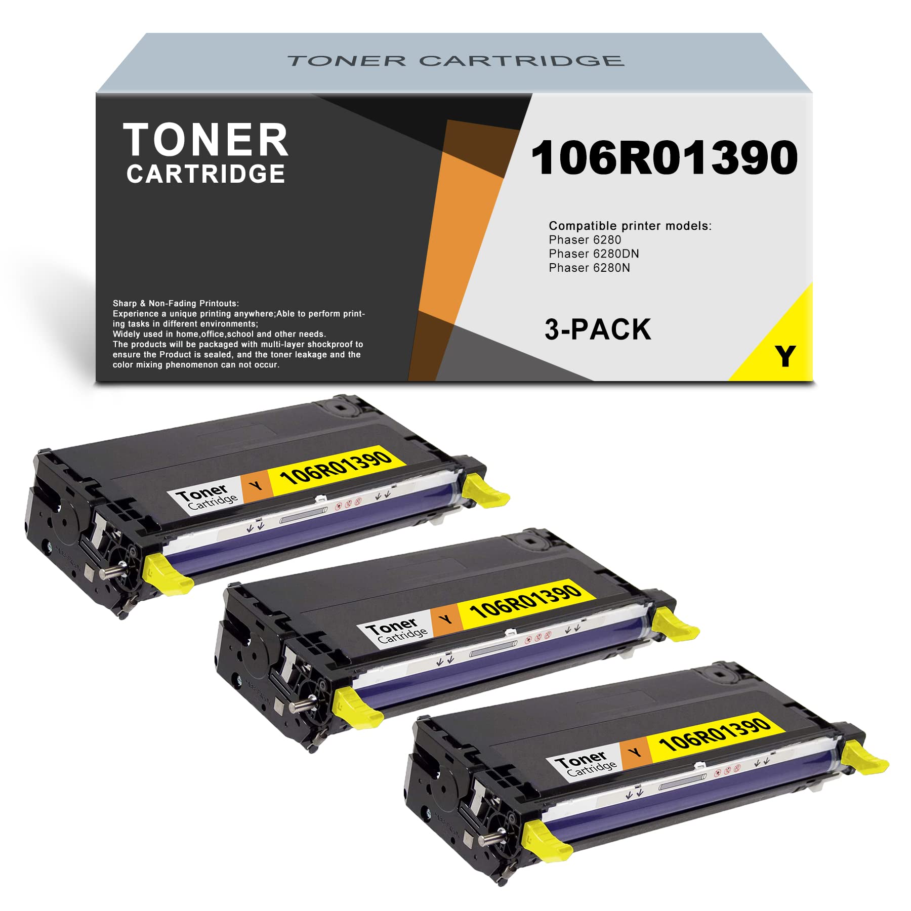 Xerox Phaser 6280N/6280/6280DN Compatible 6280 106R01390 Yellow Toner Cartridge Replacement (3-Pack) - High-Quality Printer Ink for Office & Home Printing Needs