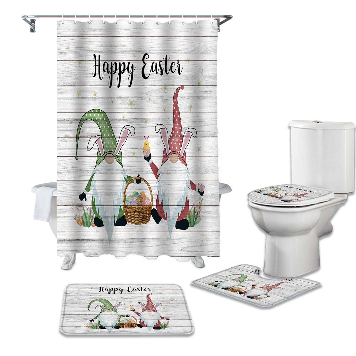 ALAGEO 4-Piece Easter Gnome Shower Curtain Set with Non-Slip Bath Mat, U-Shape Rug & Toilet Cover - Waterproof Bathroom Decor for Spring Holidays, Farmhouse Style Shower Curtain with Egg Design - Perfect for Guest Bathrooms, Kids' Bathrooms & Easter Home Decor