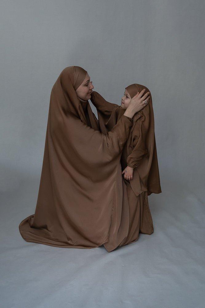 Mommy and Me Prayer Khimar - Modest Brown Islamic Prayer Dress for Women & Girls | Perfect for Salah, Eid, Mosque & Family Prayer Time