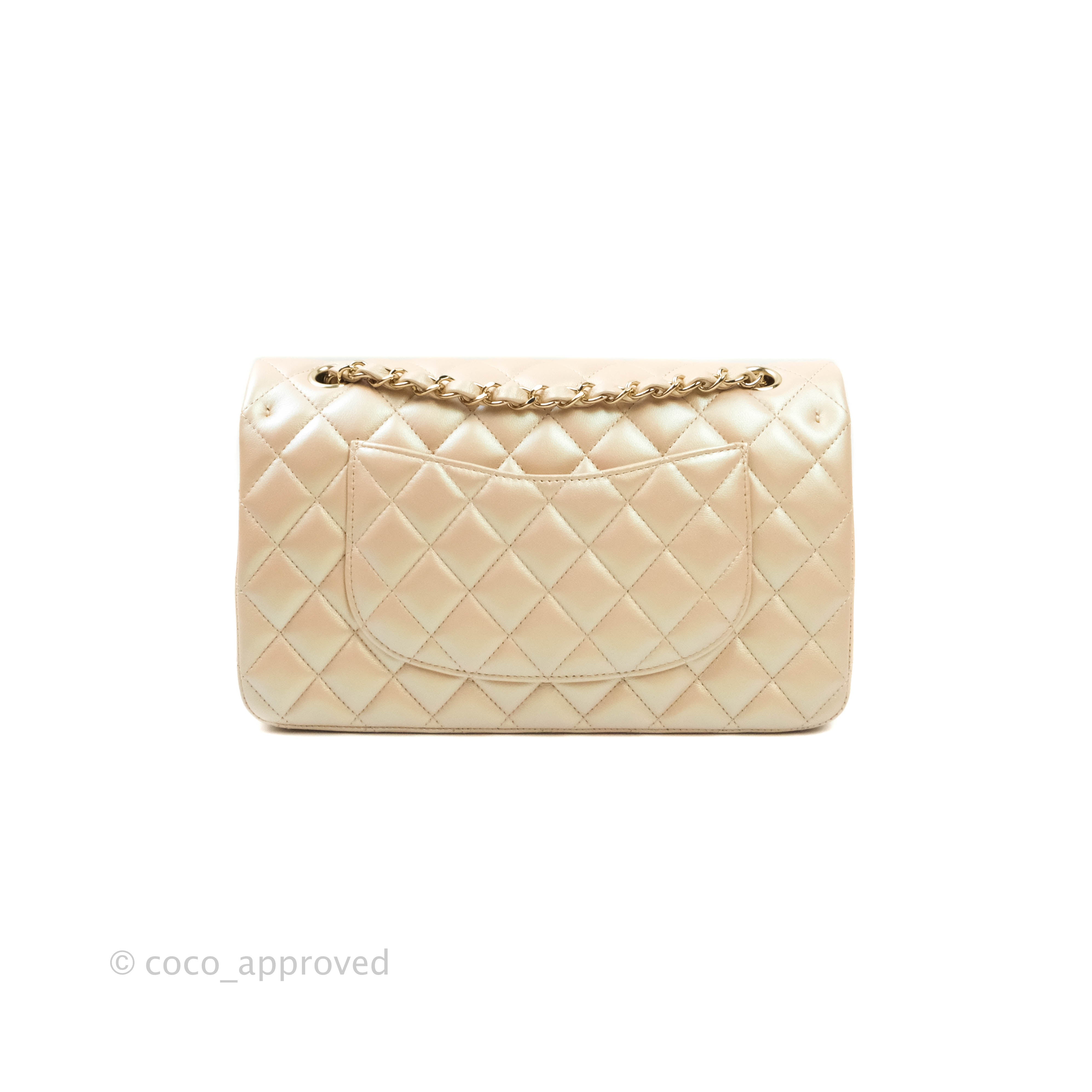 Chanel Classic Medium Double Flap Bag in Iridescent Beige Calfskin with Gold Hardware 21S Collection - Perfect for Luxury Everyday Use & Special Occasions