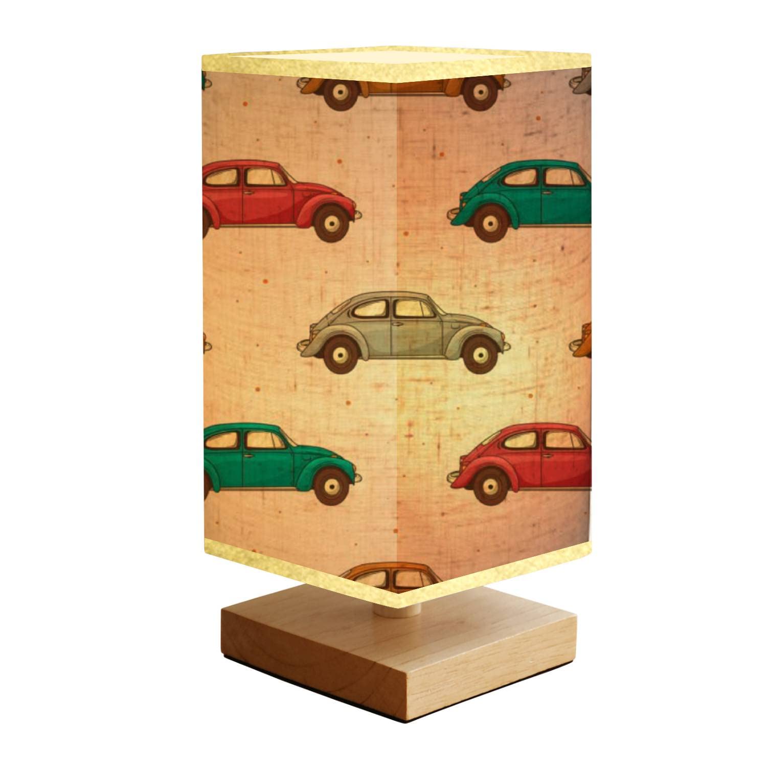 Vintage Retro Car Table Lamp with Minimalist Wood Base & Rectangular Fabric Shade - Bedside Nightstand Lamp for Bedroom, Living Room, Office | Perfect Reading Light & Cozy Home Decor