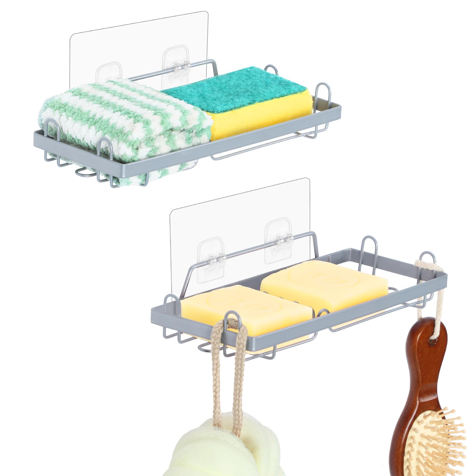 Melos 2-Pack No Drill Shower Soap Holder with Hooks - Wall Mount Soap Dish & Sponge Rack for Bathroom, Kitchen Sink - Silver Gray | Perfect for Small Spaces & Rental Homes