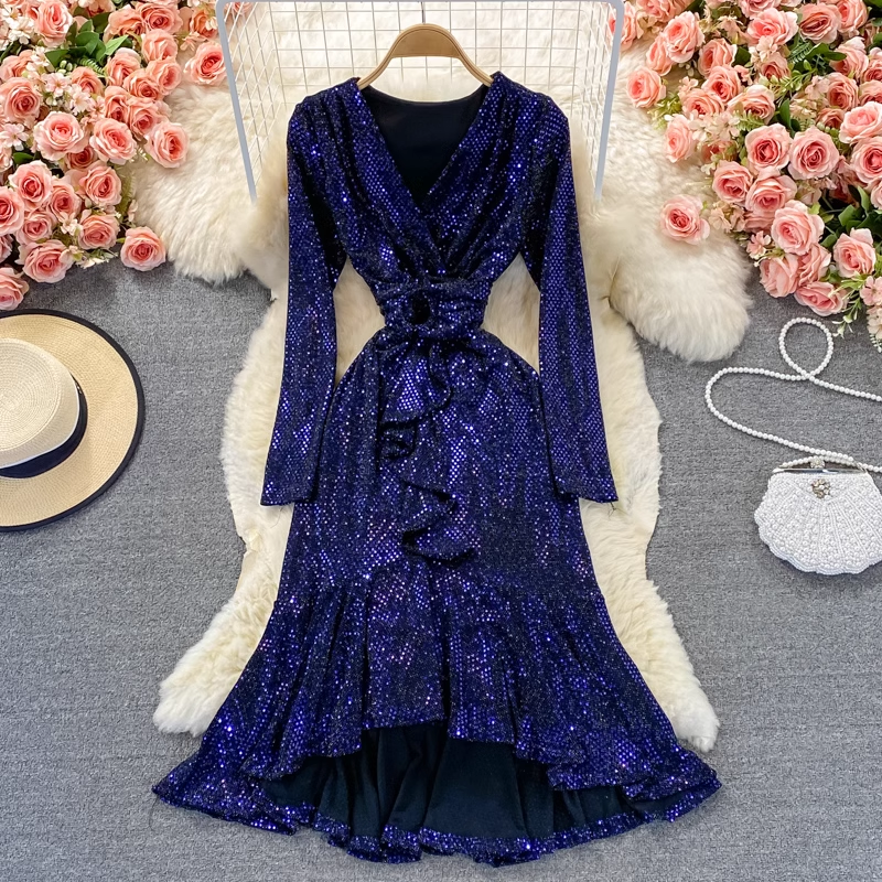 Elegant Autumn V-Neck Sequined Ruffled Mermaid Evening Dress for Women - Perfect for Holiday Parties, Prom, Wedding Guest & Special Occasions