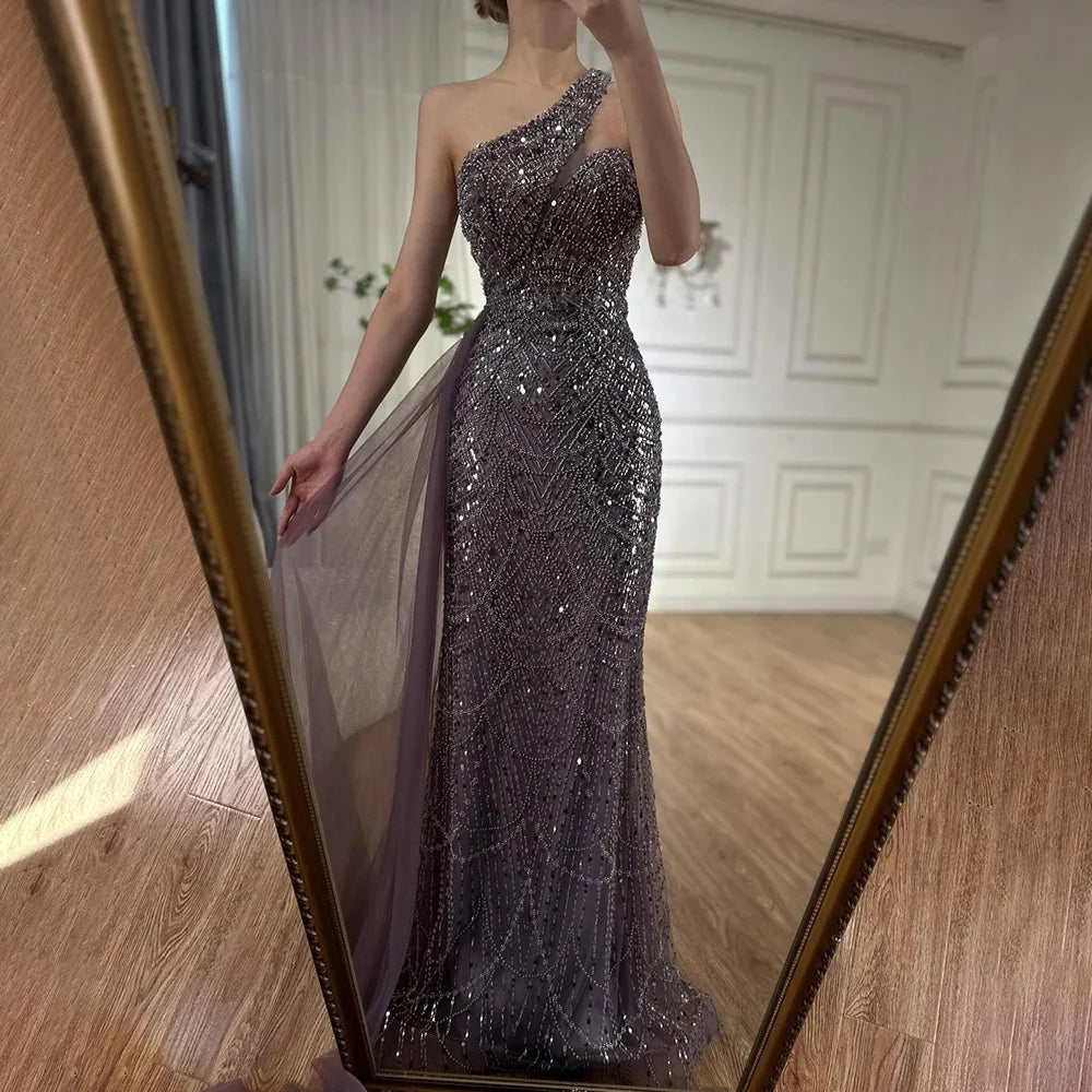 Elegant Dubai Purple One Shoulder Saudi Arabic Evening Gown with Beaded Side Overskirt - Formal Dress for Weddings, Galas & Special Occasions - LA72735