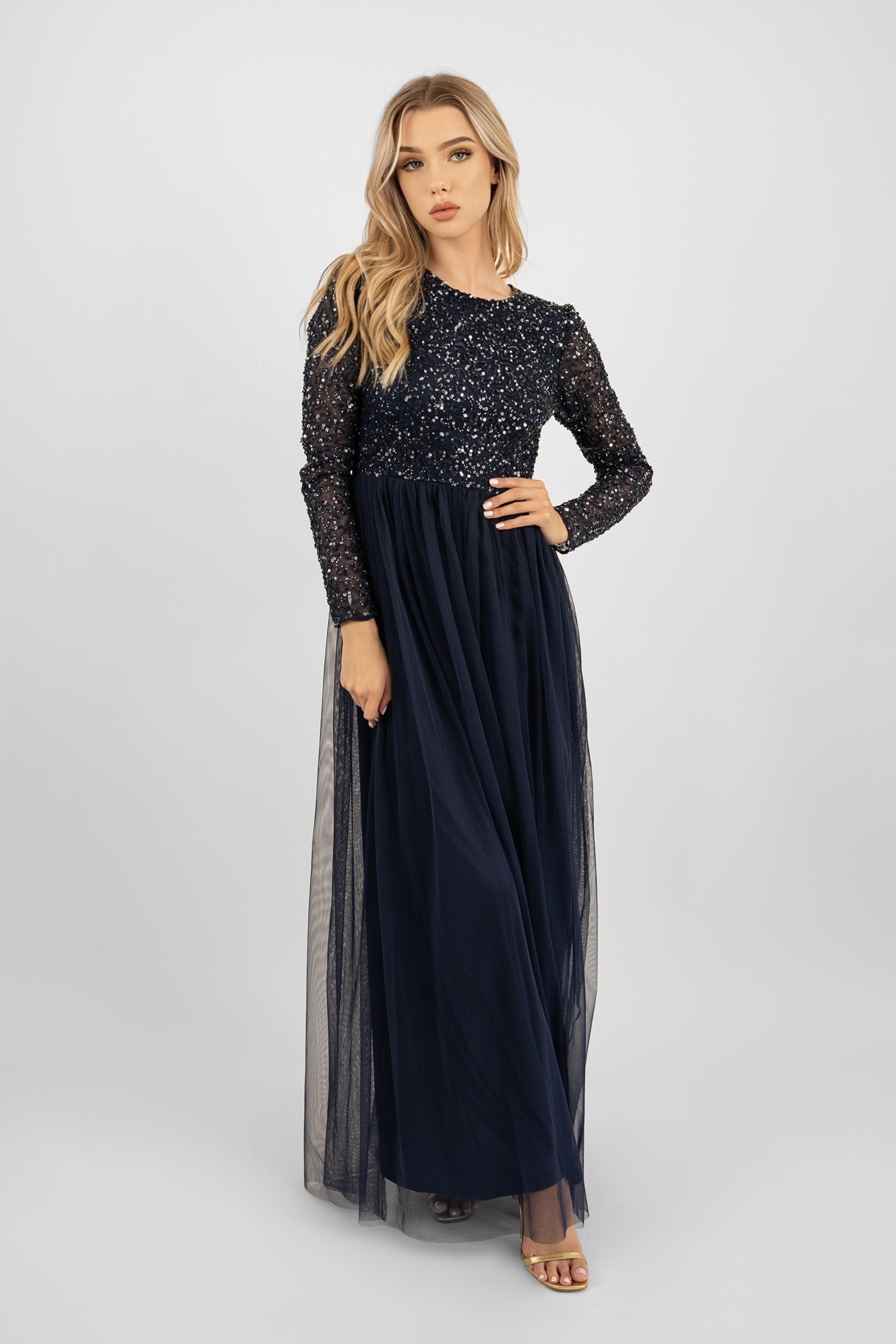 Elegant Navy Blue Long Sleeve Bridesmaid Dress for Weddings - Formal Evening Gowns for Bridal Party, Prom & Special Occasions