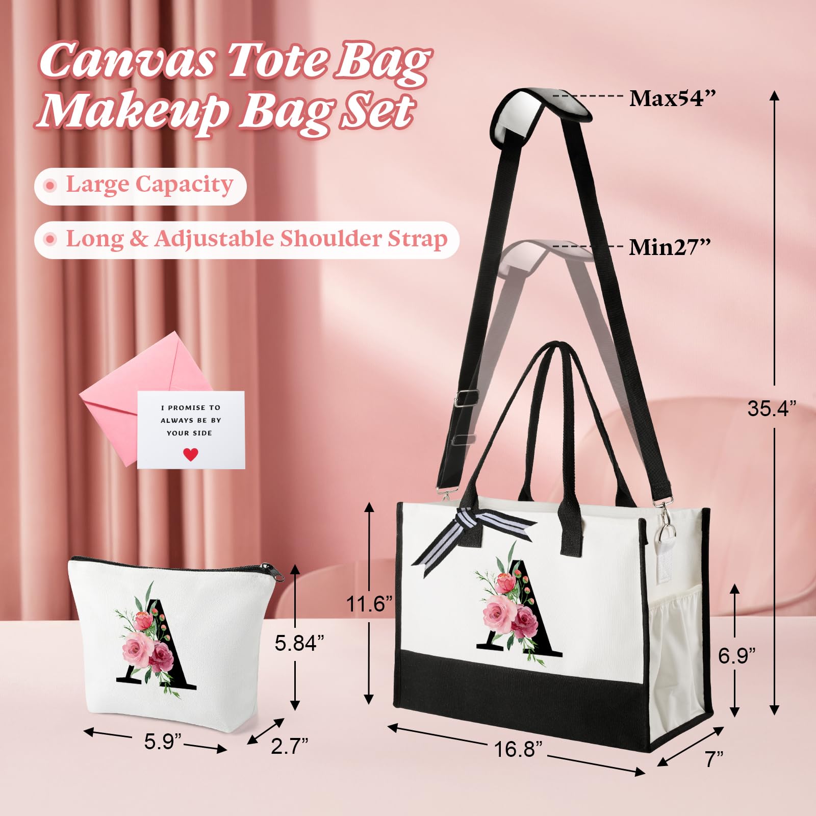 Personalized Canvas Tote Bag for Women - Custom Mother's Day & Birthday Gift with Adjustable Shoulder Strap & Matching Makeup Pouch | Perfect for Shopping, Travel & Daily Use