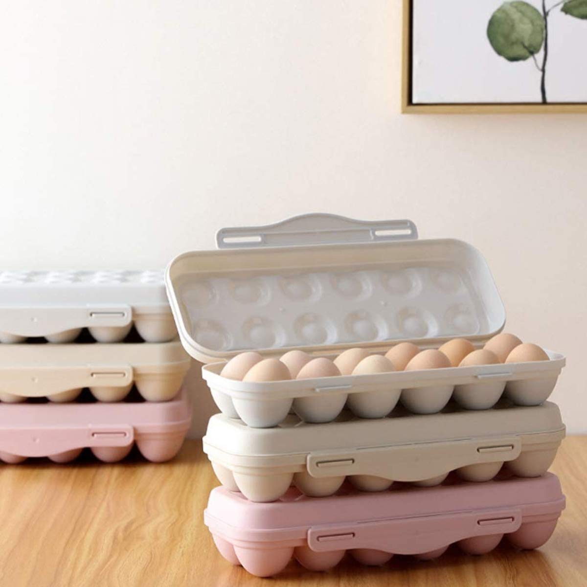 SHIDHMI 12-Compartment Refrigerator Egg Holder - Plastic Egg Storage Container with Lid for Kitchen, Fridge - Light Cream Pink | Perfect for Organizing Eggs, Deviled Eggs & Snacks in Refrigerator