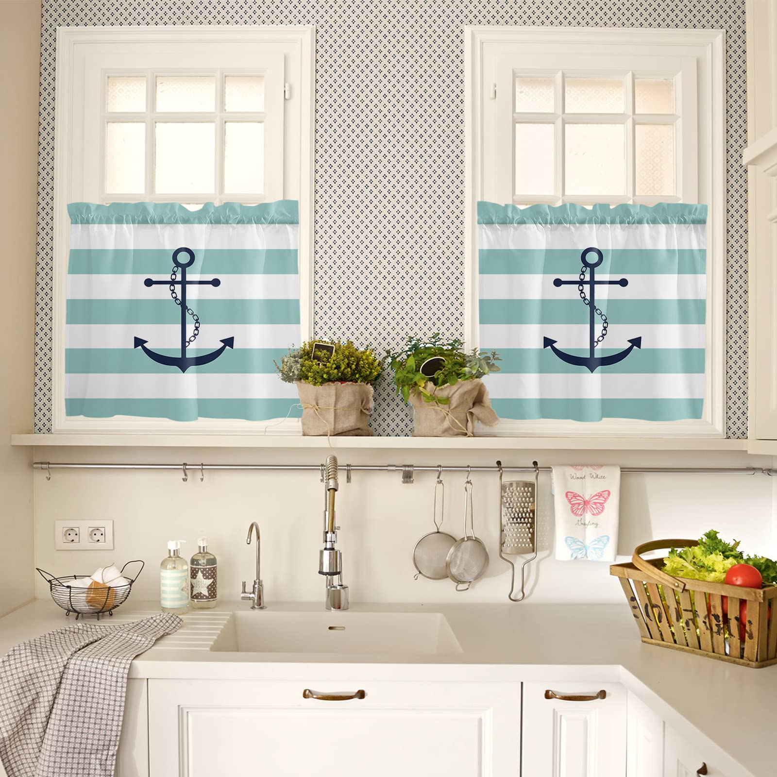 Teal Geometric Stripes Marine Anchor Kitchen Curtains Set with Valances - 24 Inch Length Rod Pocket Tier Curtains in Ocean Turquoise Pattern - Perfect for Cafe, Bedroom, and Coastal-Themed Windows
