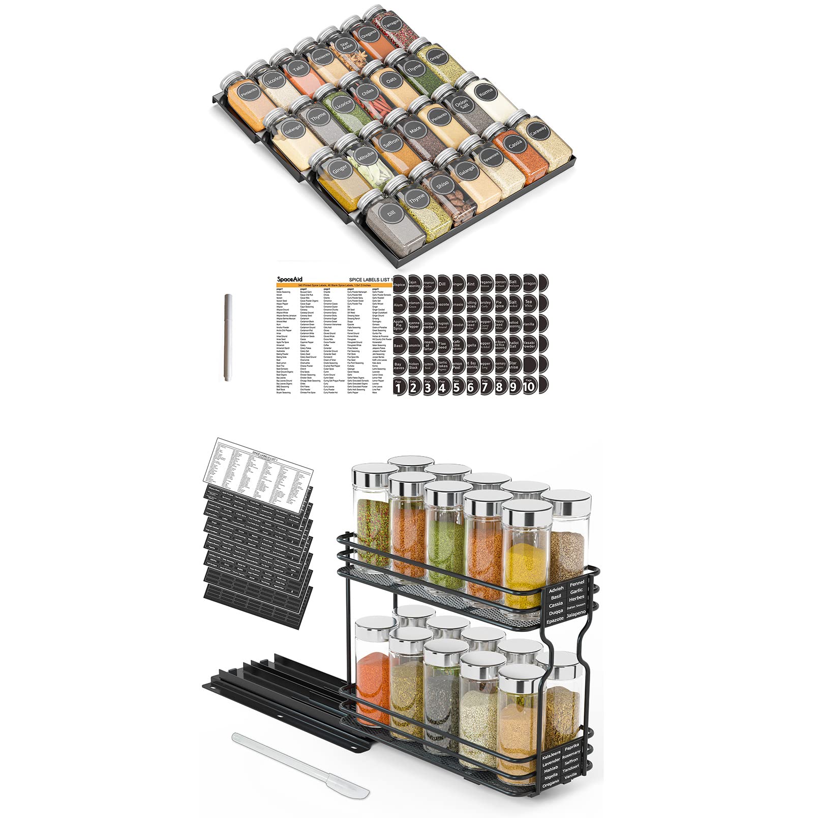 SpaceAid 28-Piece Spice Drawer Organizer Set with Glass Jars, 4-Tier Expandable Tray & Chalkboard Labels - Perfect for Kitchen Pantry, Spice Rack & Countertop Organization