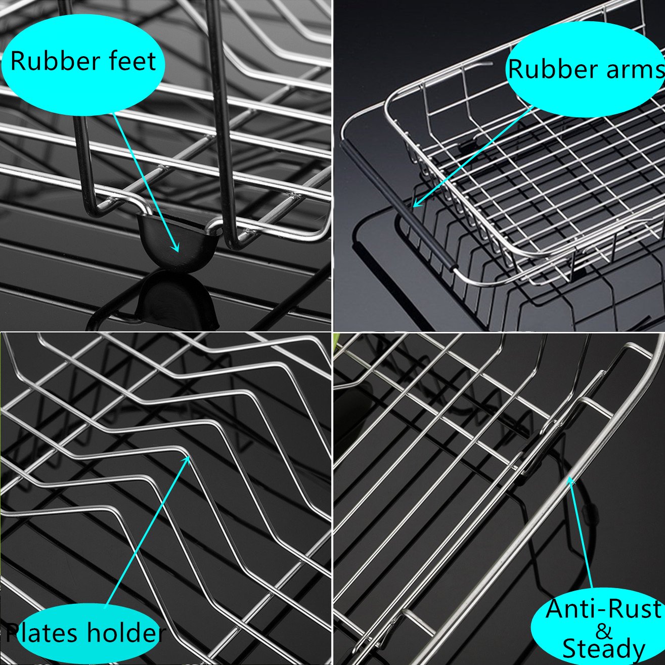 Expandable Stainless Steel Dish Drying Rack - Over The Sink or Countertop Drainer with Black Utensil Holder & Cutlery Tray | Rustproof Kitchen Organizer for Small Spaces | Perfect for Apartments, RVs & Compact Kitchens