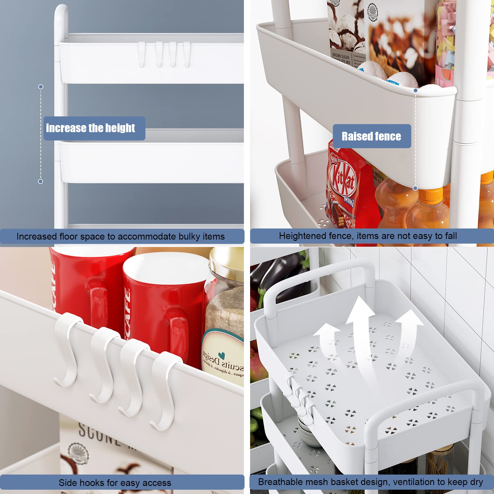3/4/5-Tier Metal Storage Cart with Lockable Wheels & 4 Hooks - Multi-Functional Utility Organizer for Kitchen, Bathroom, Office - White | Space-Saving Solution for Home Organization & Small Spaces