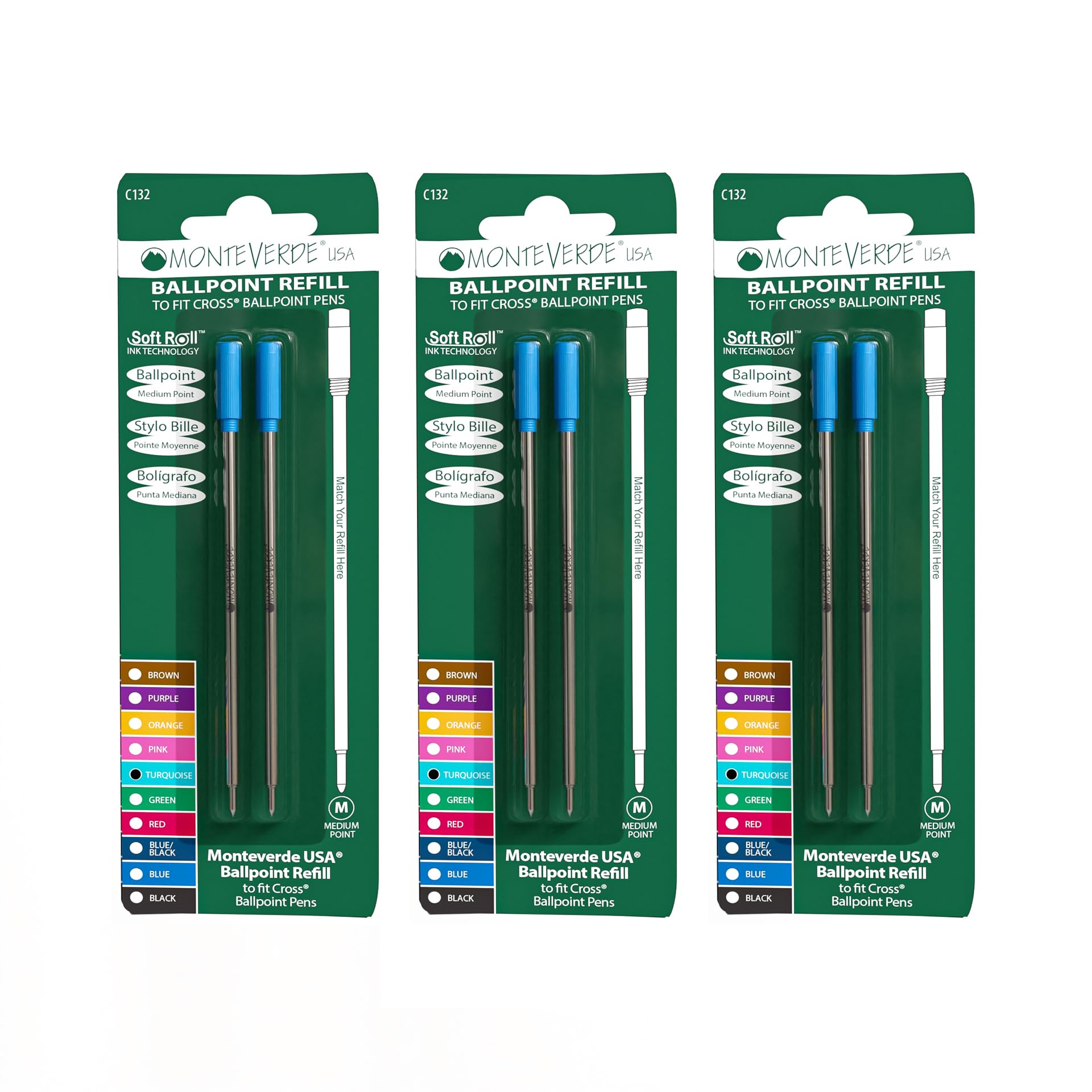 Monteverde Ballpoint Pen Refills for Cross Pens - Medium Point Turquoise Ink - 6 Pack (C133TQ) - Perfect for Office, School & Everyday Writing