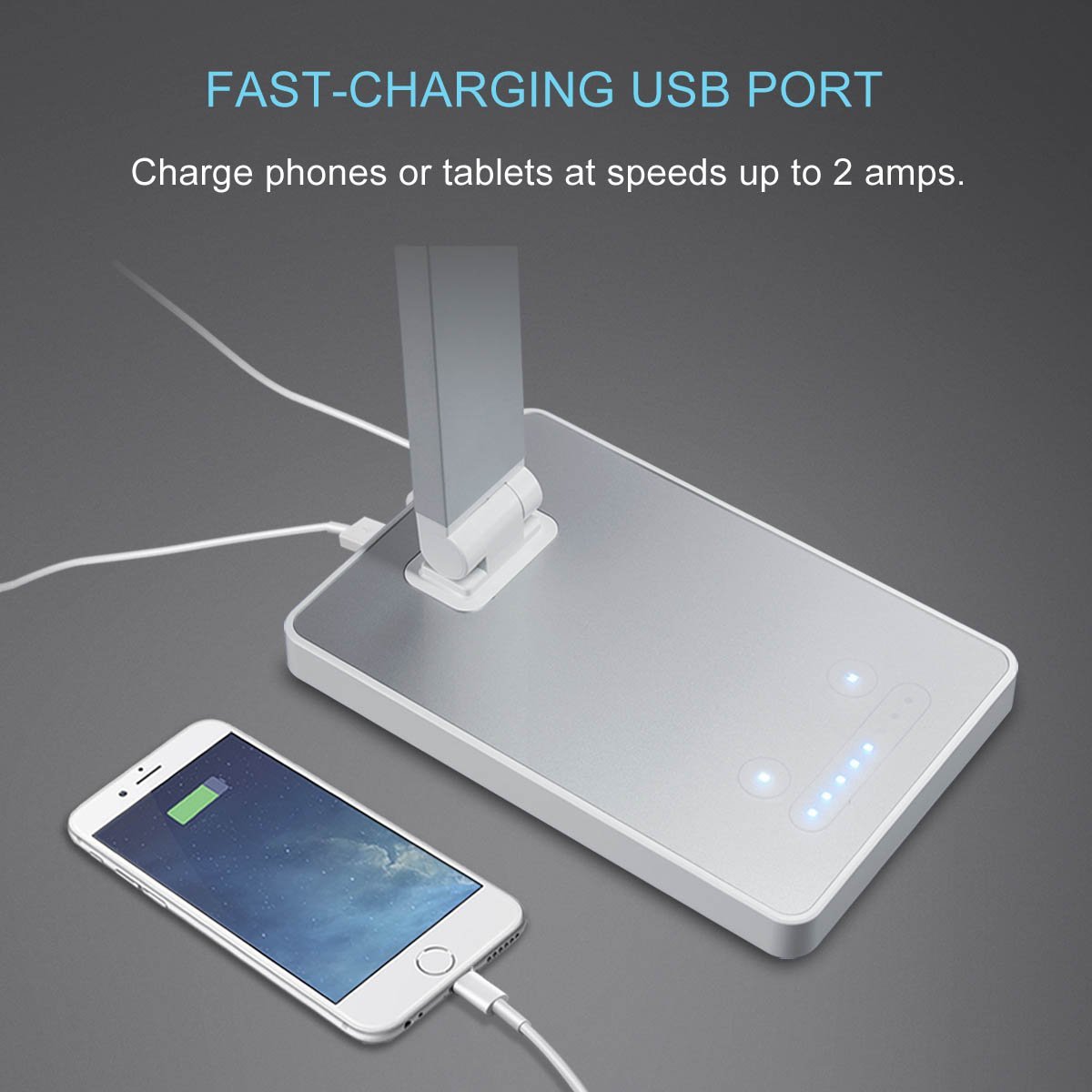 PHIVE Dimmable LED Desk Lamp with Fast Charging USB Port - Touch Control, 8 Brightness Levels & 4 Lighting Modes - Aluminum Alloy Eye-Care Table Lamp for Home Office, Bedroom, Study, Reading (Silver) | Perfect for Night Reading, Work from Home & Student Desk Setup