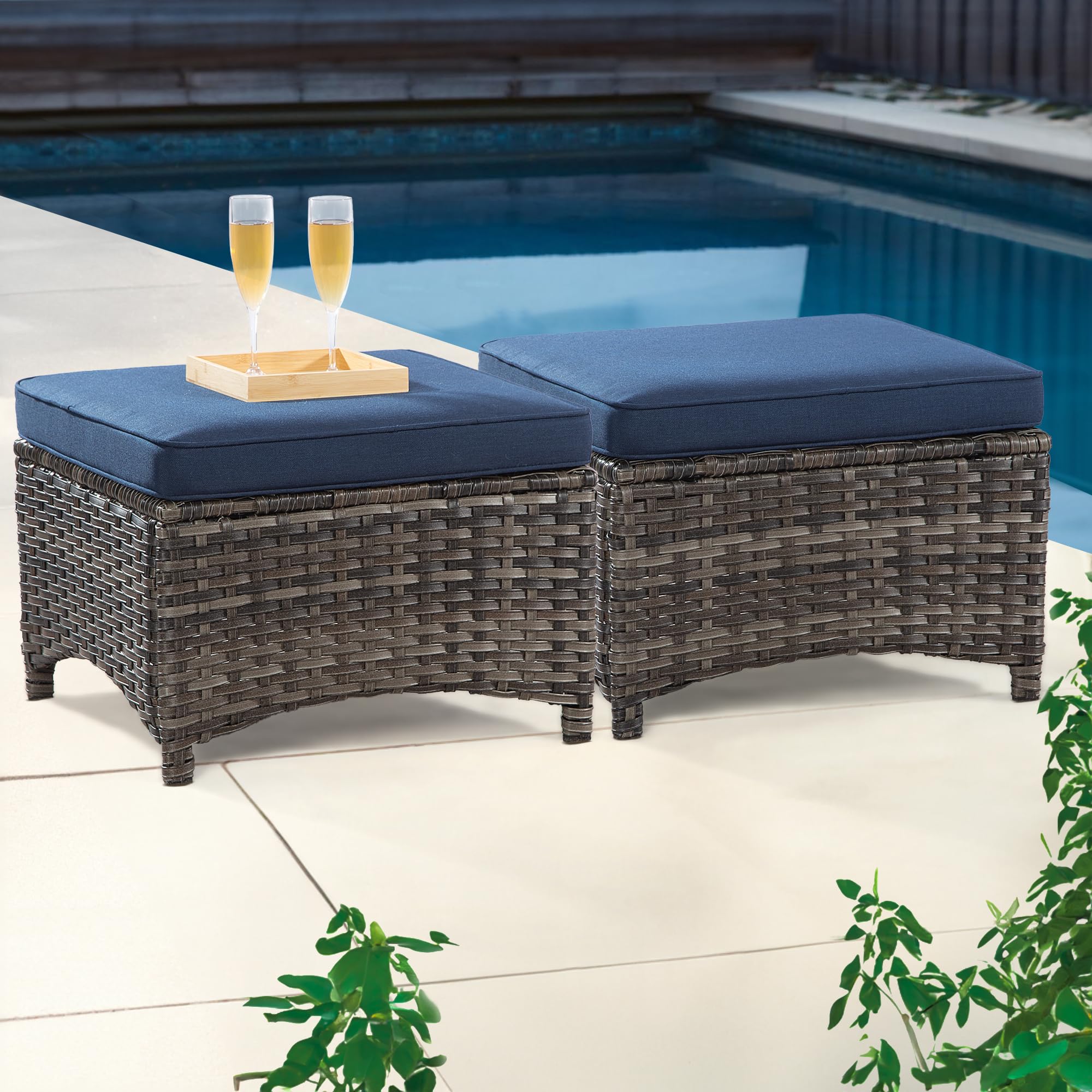 2-Pack Outdoor Wicker Ottomans with Removable Olefin Cushions - PE Rattan Steel Frame Patio Footstools in Navy Blue - Perfect for Backyard, Deck & Garden Seating