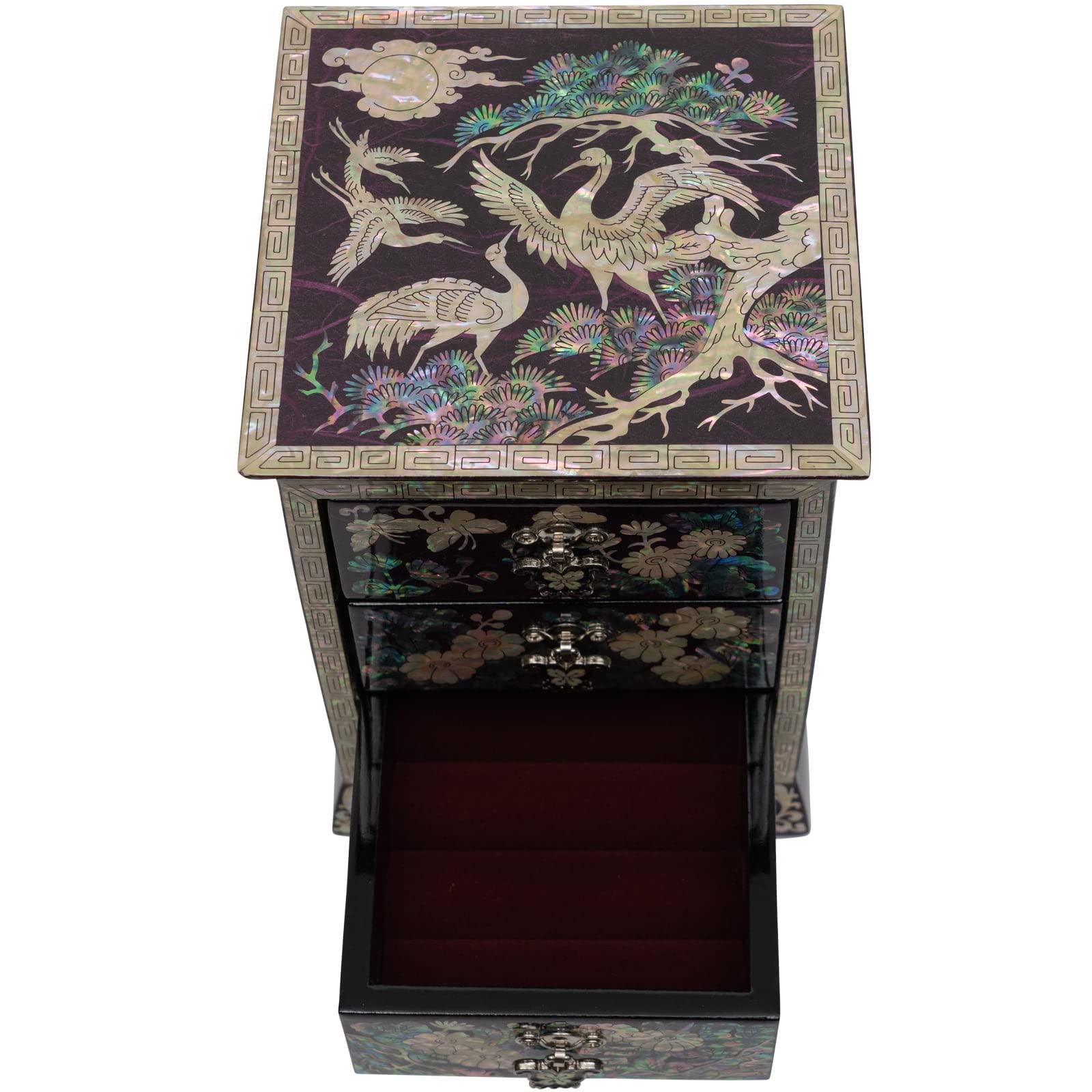 February Mountain Mother of Pearl Wooden Jewelry Box - 3 Drawer Organizer for Necklaces, Earrings, Bracelets & Rings - Elegant Purple Storage Case | Perfect for Bedroom Vanity, Travel & Gift Giving