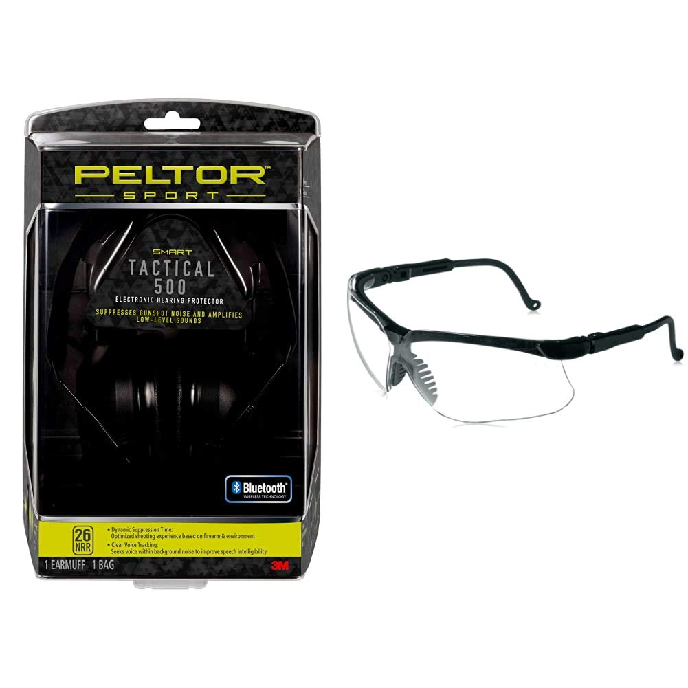 Peltor Sport Tactical 500 Smart Electronic Hearing Protector & Howard Leight Genesis Sharp-Shooter Shooting Glasses with Clear Lens (R-03570) - Best for Hunting, Shooting Range, and Outdoor Sports Protection