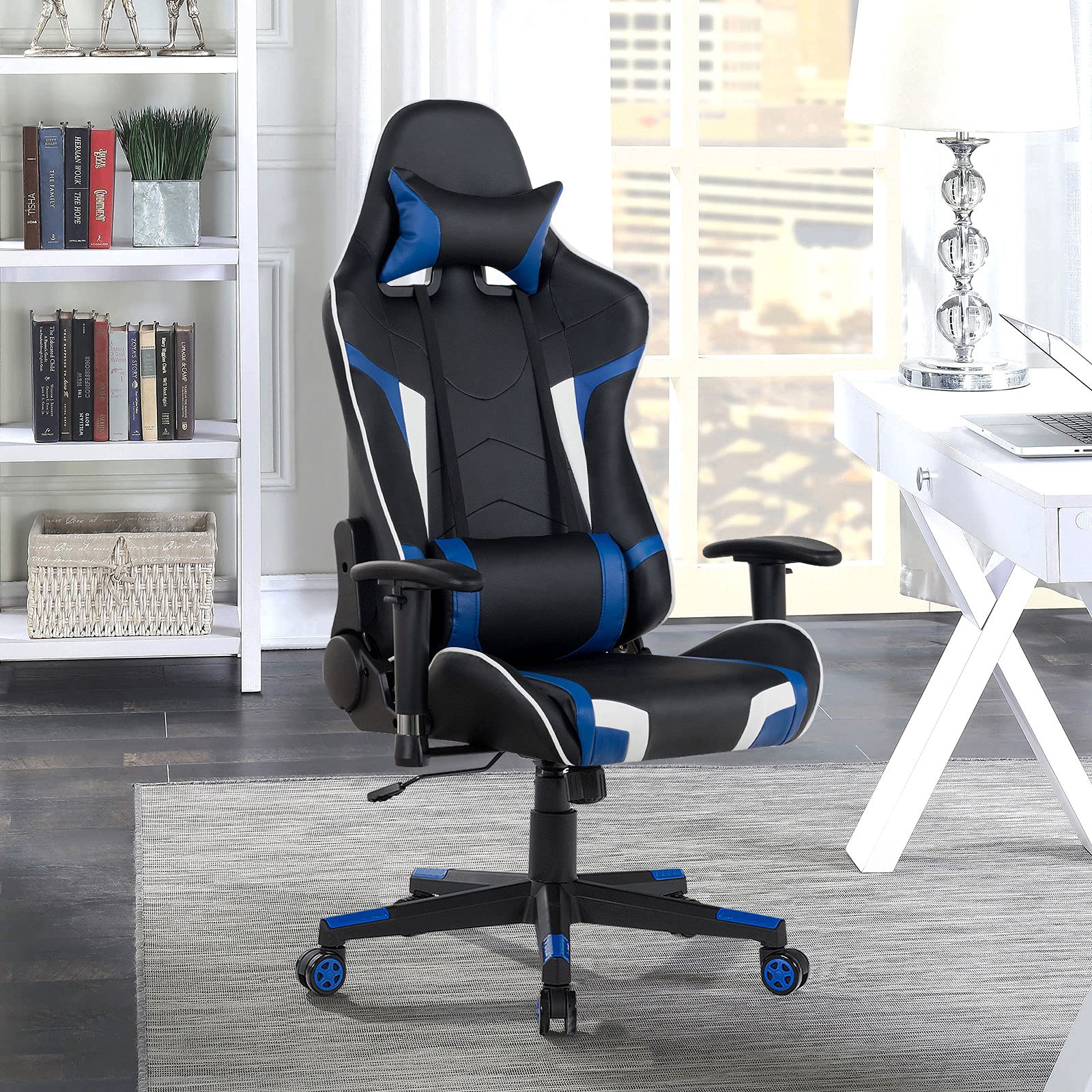 GYMAX Ergonomic Gaming Chair with Massage, Adjustable Headrest & Lumbar Support - Blue Reclining Computer Chair for Office & Home Gaming Setup - Perfect for Esports, Streaming, and Long Work Sessions
