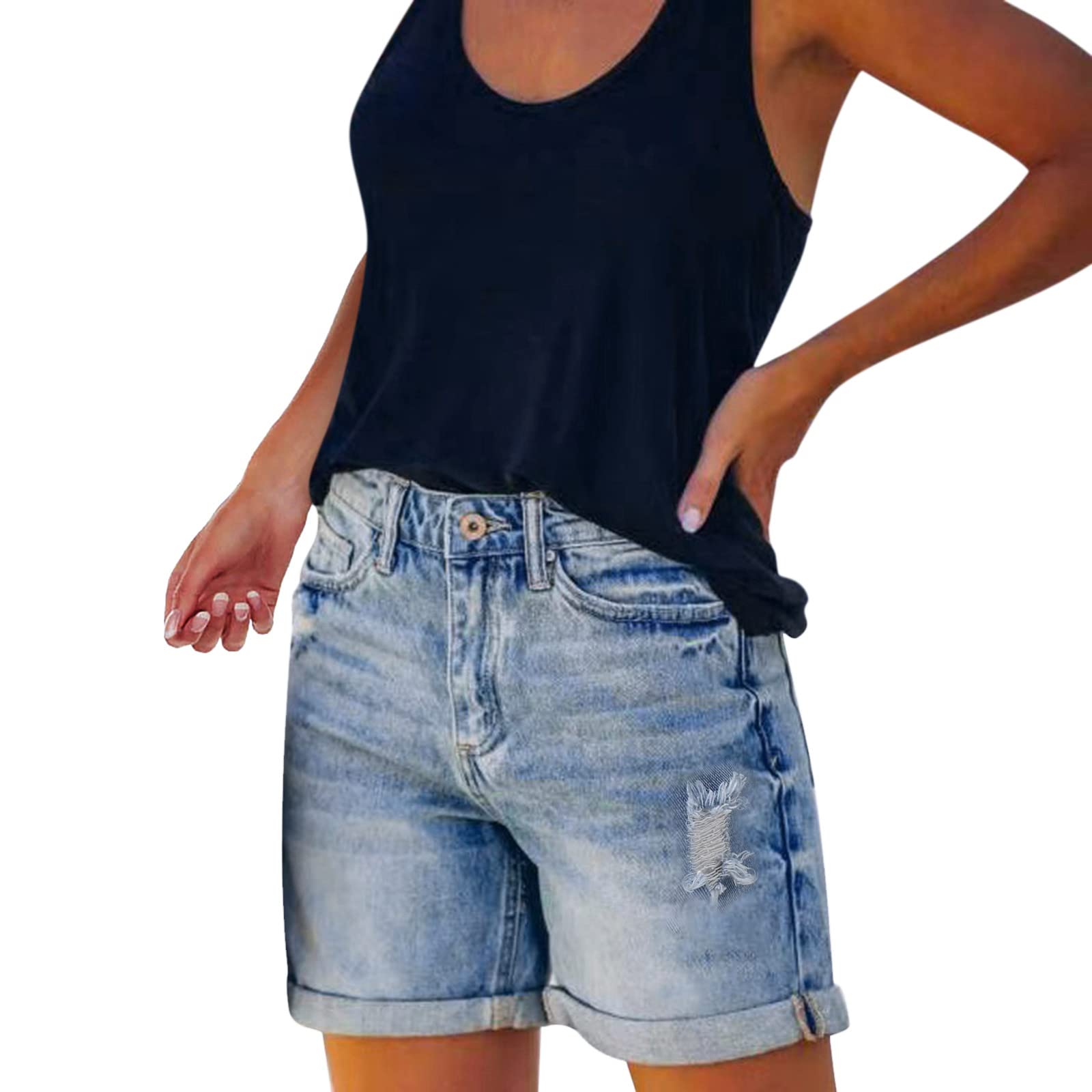 ZYNIC Women's Plus Size High Waisted Stretchy Denim Shorts - Cute Frayed Rolled Hem Jean Shorts for Casual Wear, Summer Outfits & Beach Vacations