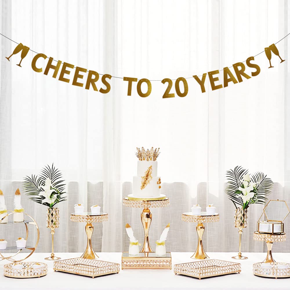 20th Birthday & Wedding Anniversary Gold Glitter Banner - CHEERS TO 20 YEARS Pre-strung Party Decorations, No Assembly Required - Perfect for Backdrops, Photo Booths & Celebration Garlands