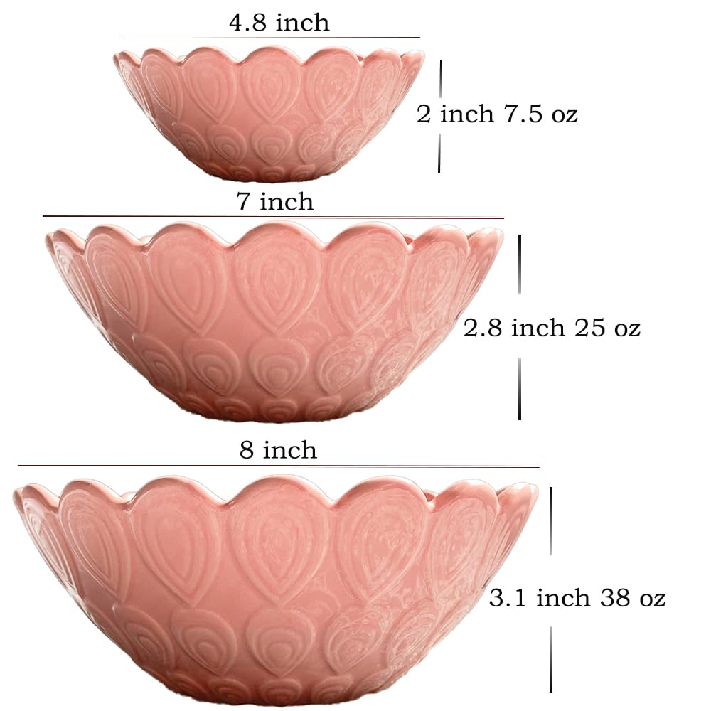 3-Piece Ceramic Nesting Bowls Set - Microwave & Dishwasher Safe Porcelain Serving Bowls for Noodles, Cereal, Oatmeal, Fruits, Rice | Perfect for Meal Prep, Salad, Snacks & Kitchen Organization (Pink)