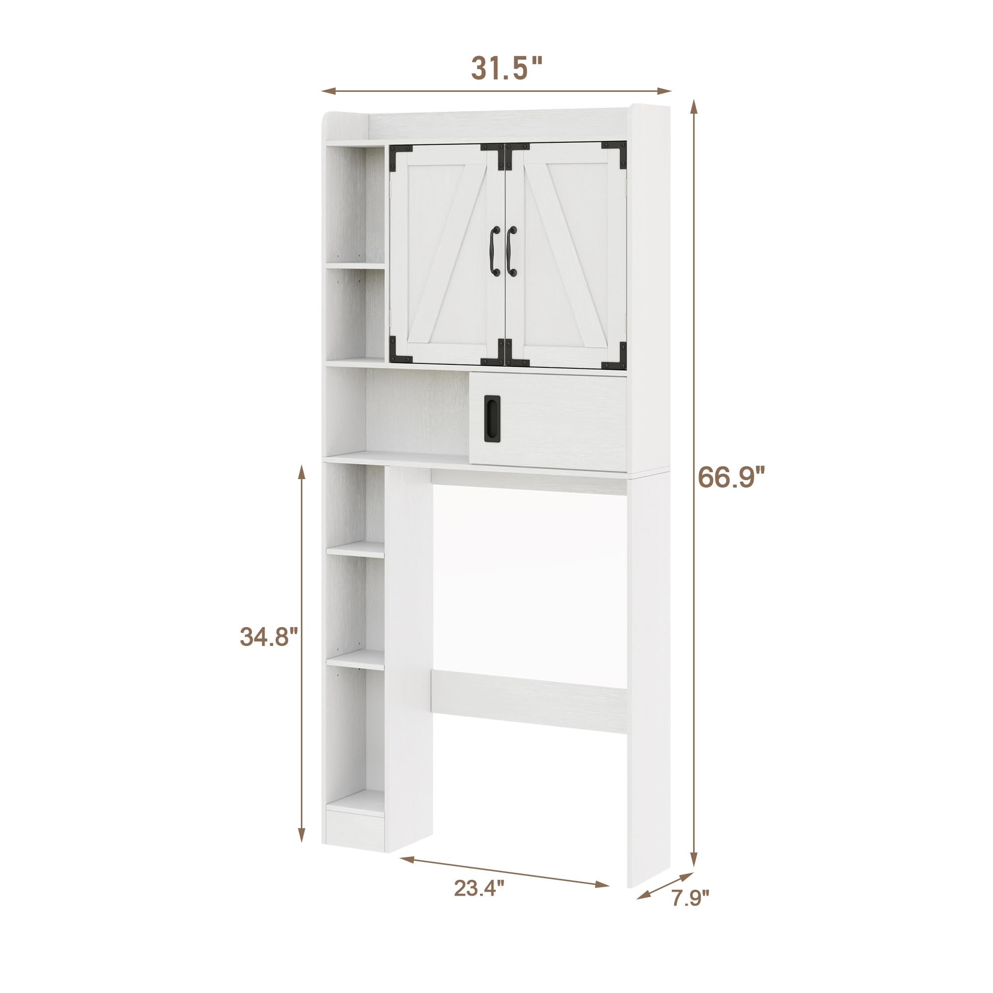 Farmhouse Over The Toilet Storage Cabinet with Sliding Barn Doors - White Bathroom Organizer with Adjustable Shelves & Drawer - Space Saving Solution for Towels, Toiletries and Bathroom Essentials