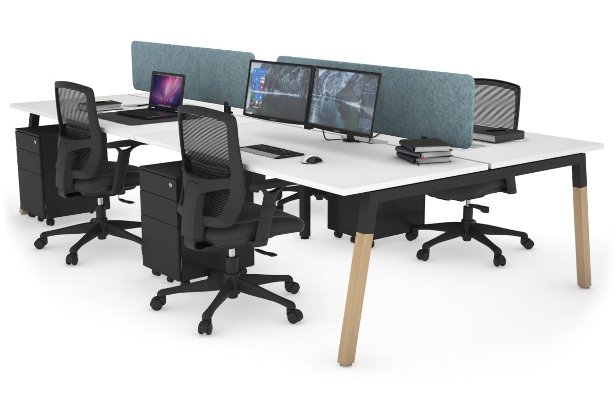Quadro A Legs 4-Person Office Workstation with Wood Legs & Cross Beam - 1400L x 800W Dimensions, Cable Management Scallop | Perfect for Collaborative Workspaces & Modern Offices